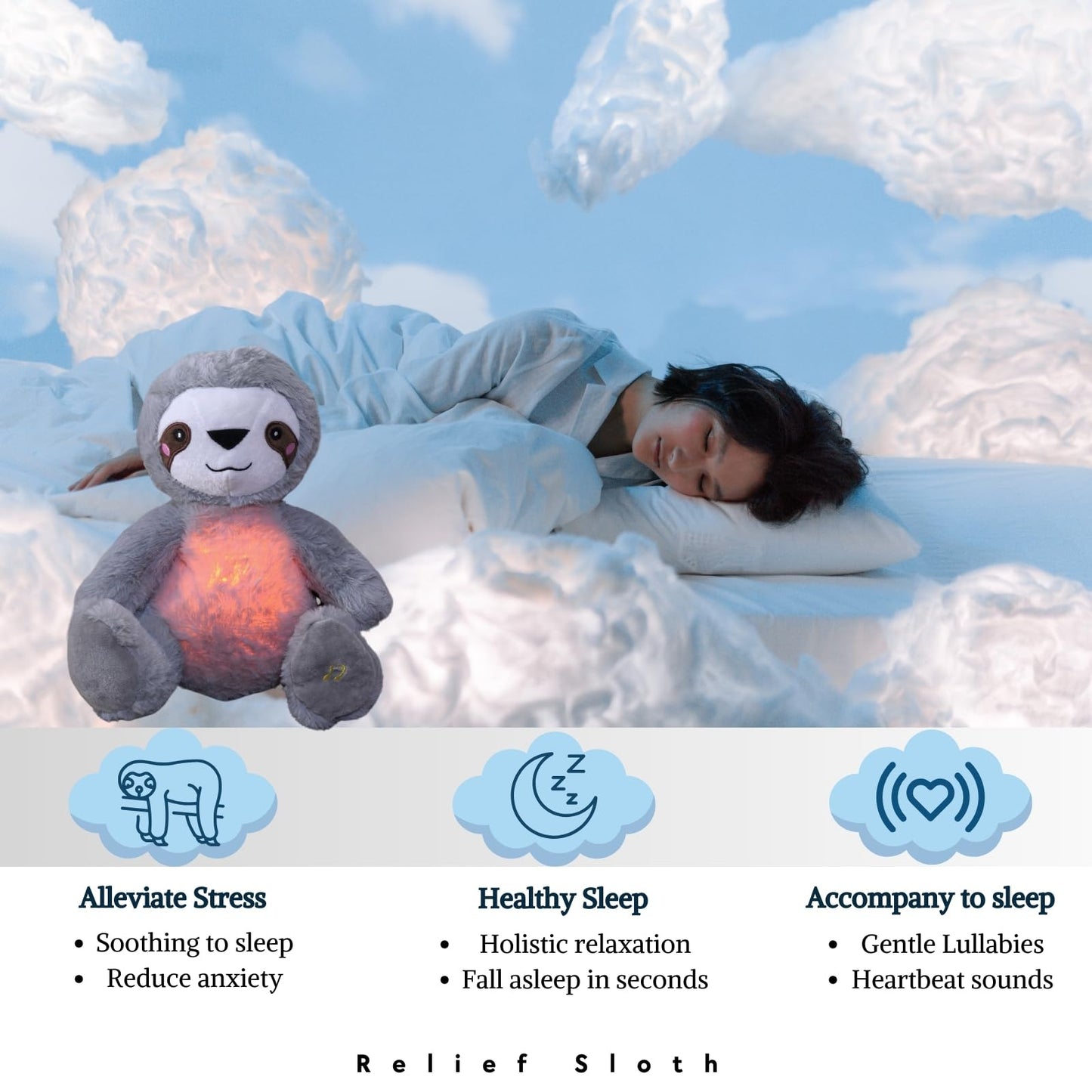 Anxiety Relief Koala, Breathing Teddy Sloth Anxiety Bear with Calming Music, Lights, Sleeping Otter Plush, Soothing Sloth for Adults & Kids, Stress Relief Stuffed Animal (3-Level Adjustable Volume)