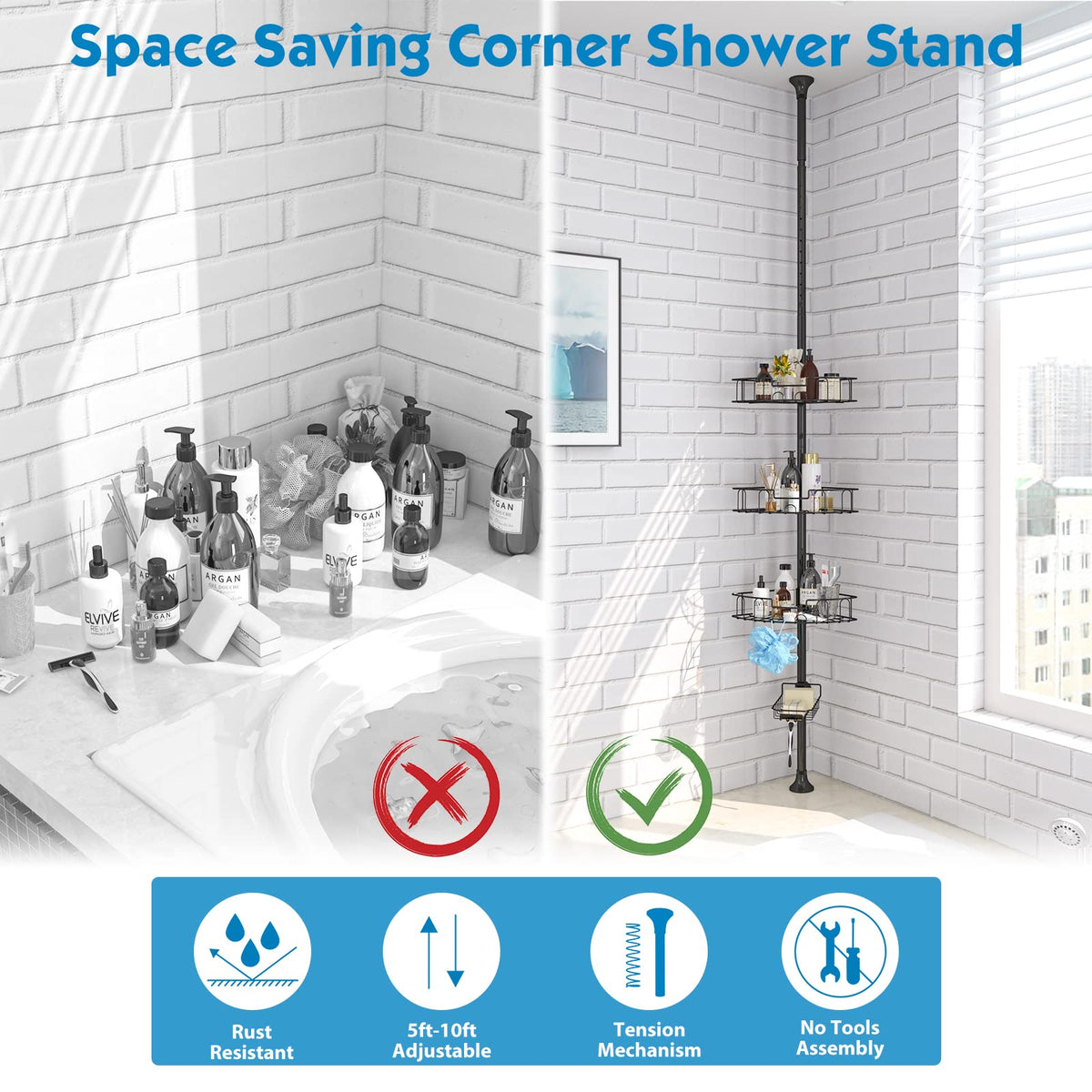 Tension Shower Caddy, Rustproof Corner Shower Caddy Stand Storage Organizer with Tension Pole for Bathroom Bathtub Shampoo Soap Plants, 4 Tier Adjustable Shelves, 54 to 125 Inch