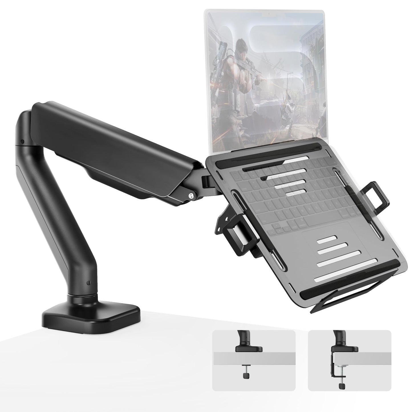 monTEK Laptop Arm Mount for Desk, 2-in-1 Monitor & Laptop Stand with Adjustable laptop Tray, Fits Max 18" Notebook and 32" Screen, Aluminum Single Monitor Holder with VESA 75/100, Clamp/Grommet, Black