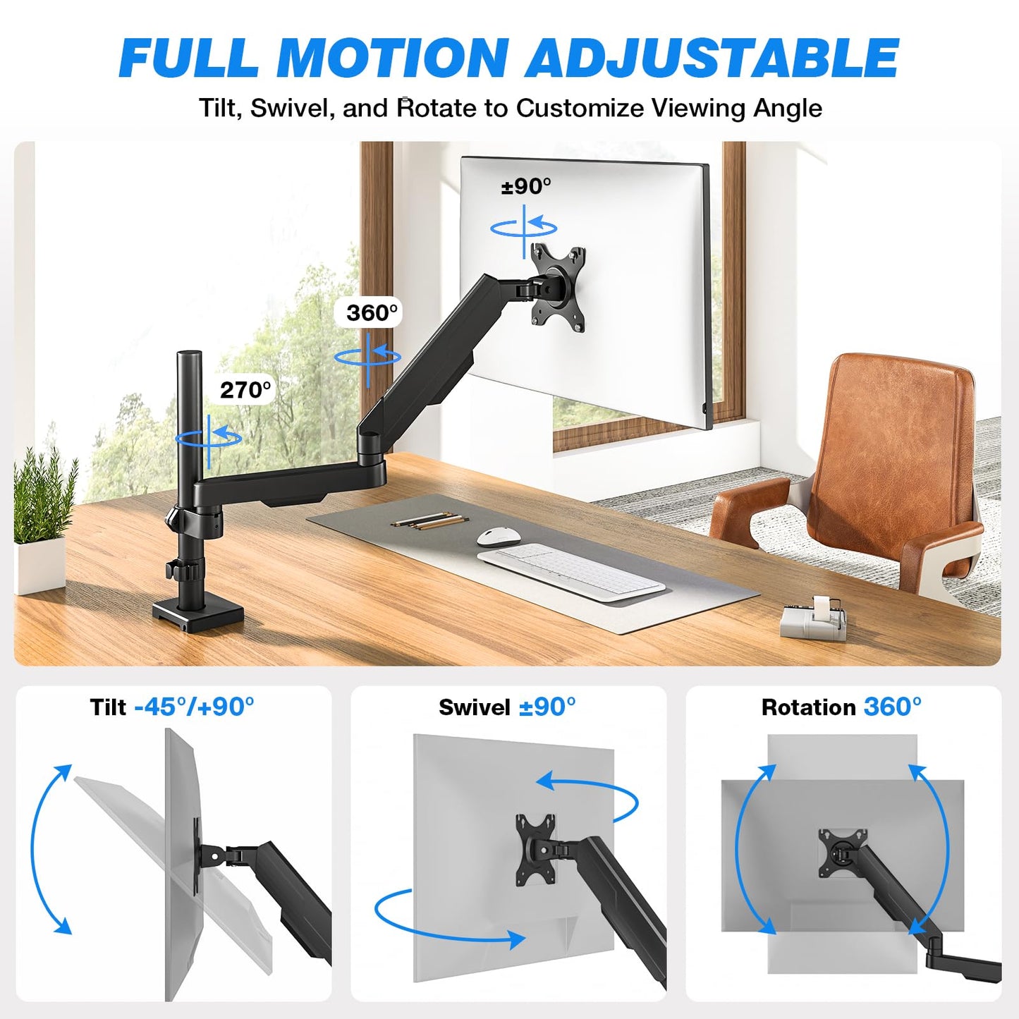Single Monitor Stand - Adjustable Arm Mount for 17-35 Inch Screens, Ergonomic VESA Mount with C Clamp/Grommet Base, Each Arm Holds up to 22lbs, Black