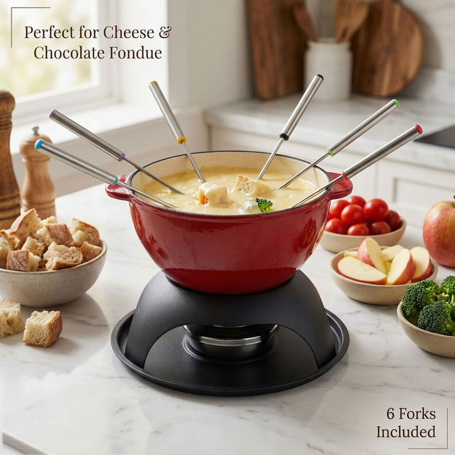 Artestia Cast Iron Cheese Fondue Pot Set, 5-Cup Cheese & Chocolate Fondue Pot with Adjustable Burner and 6 Color-Coded Forks, Fondue Set for 4-6 People, Red