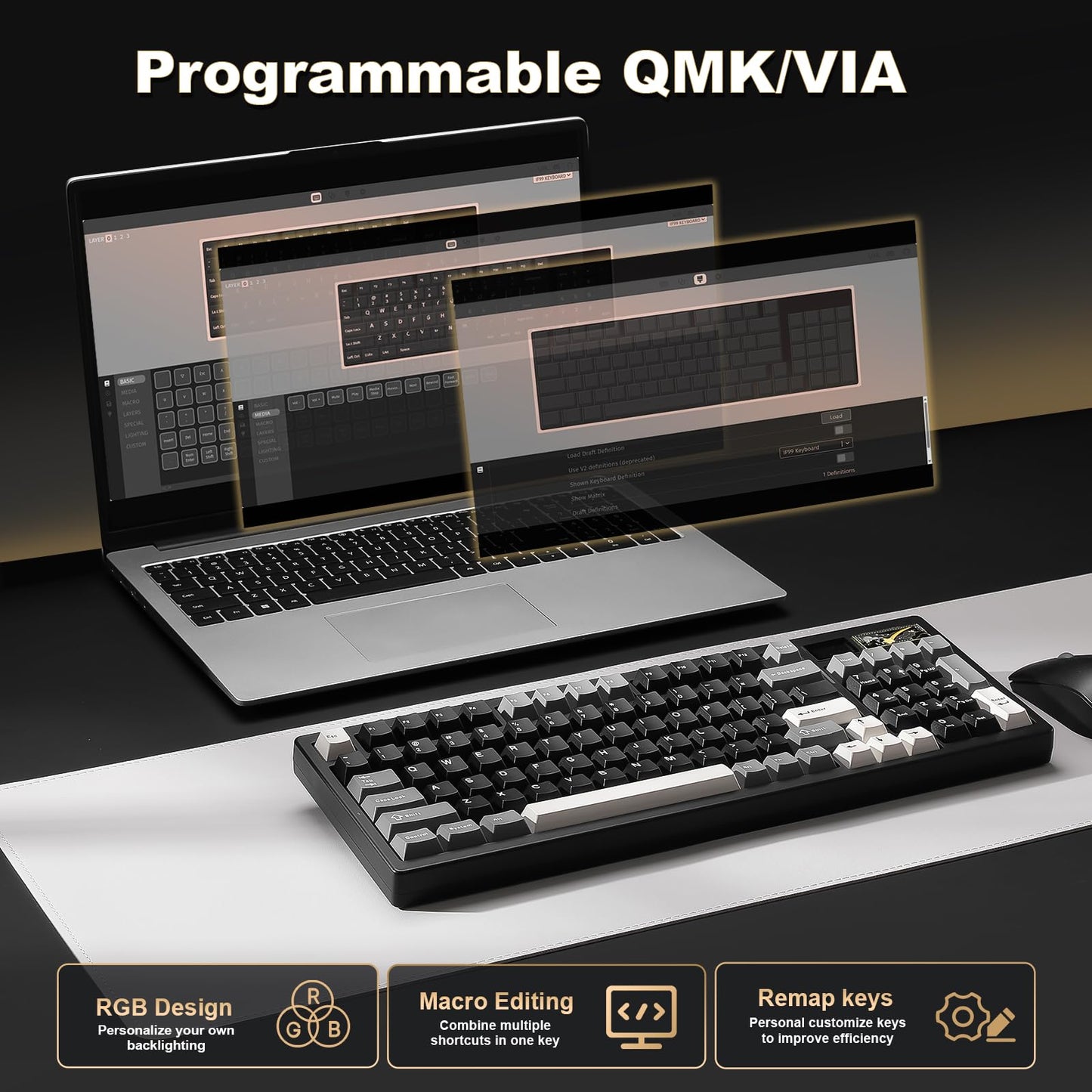 YUNZII IF99 Wireless Mechanical Gaming Keyboard with Smart LCD Display, QMK/VIA Programmable BT/2.4G/USB-C Gasket Mounted Hot Swap RGB 96% Layout for Mac/Win (Black, Gateron Zero Switch)