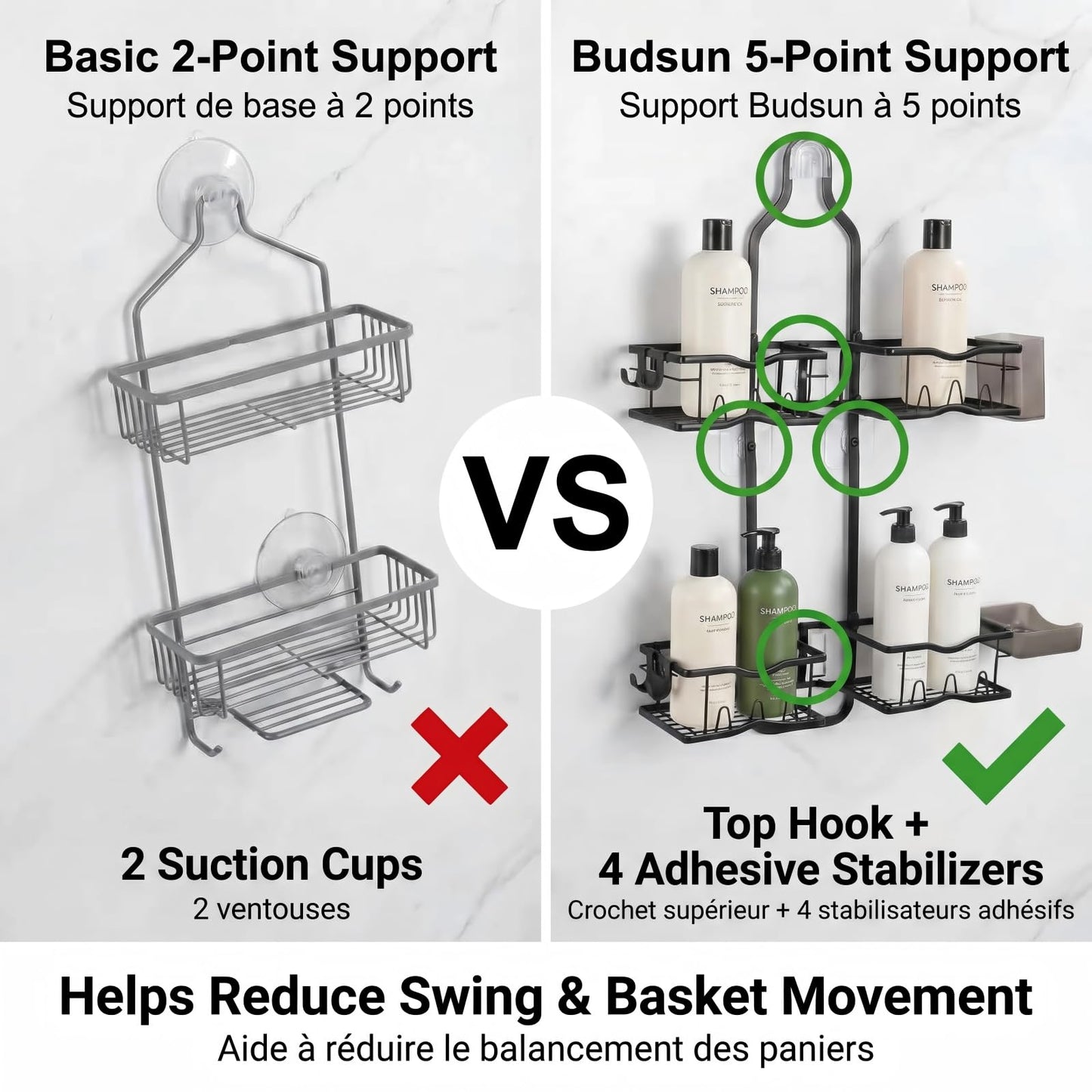 Budsun 2-Tier 15.35" Extra Wide Hanging Shower Caddy for Handheld Shower Head, Rust-Resistant No-Drill Organizer, Anti-Swing Rack, Soap Holder, 4 Adhesive Hooks, Black/Étagère de douche