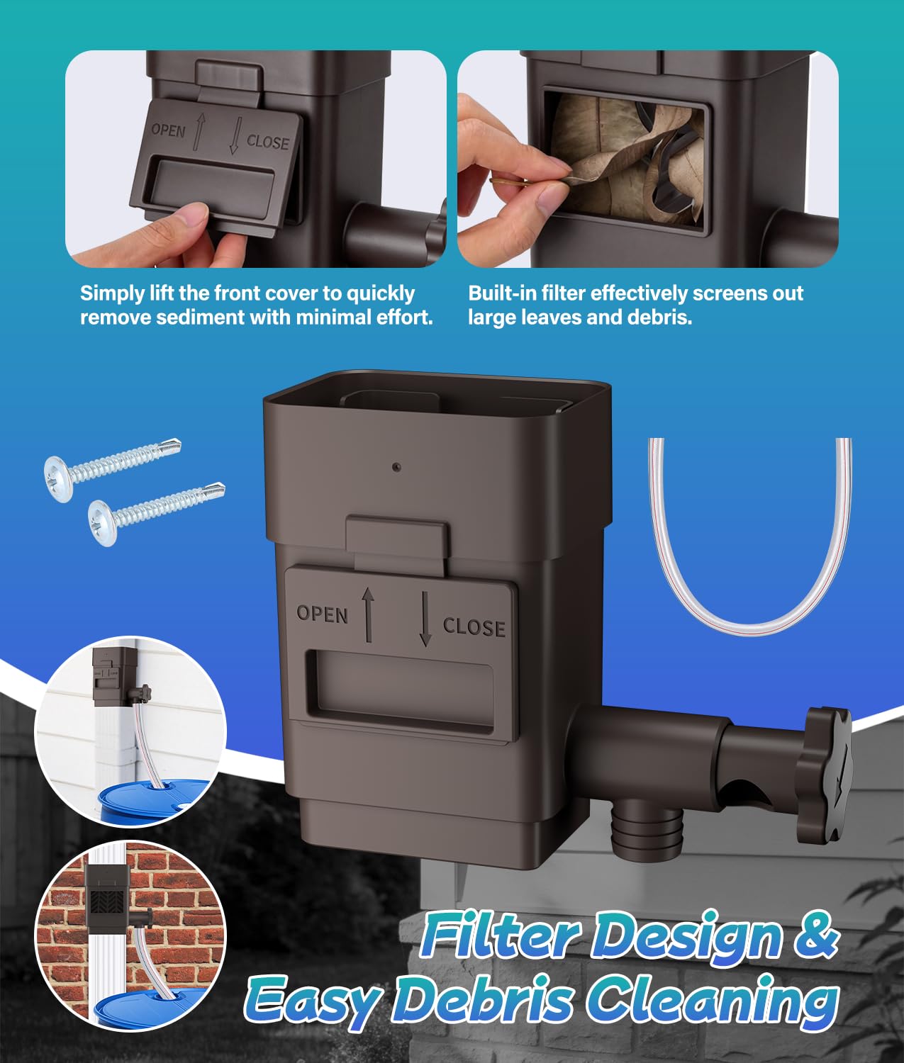 2026 Upgraded Rain Barrel Diverter Kit, Rainwater Collection System for 2''x3'' & 3''x4'' Downspout, Gutter Diverter for Rain Barrel with Enhanced Water Capacity, Filter, Adjustable Valve, Brown