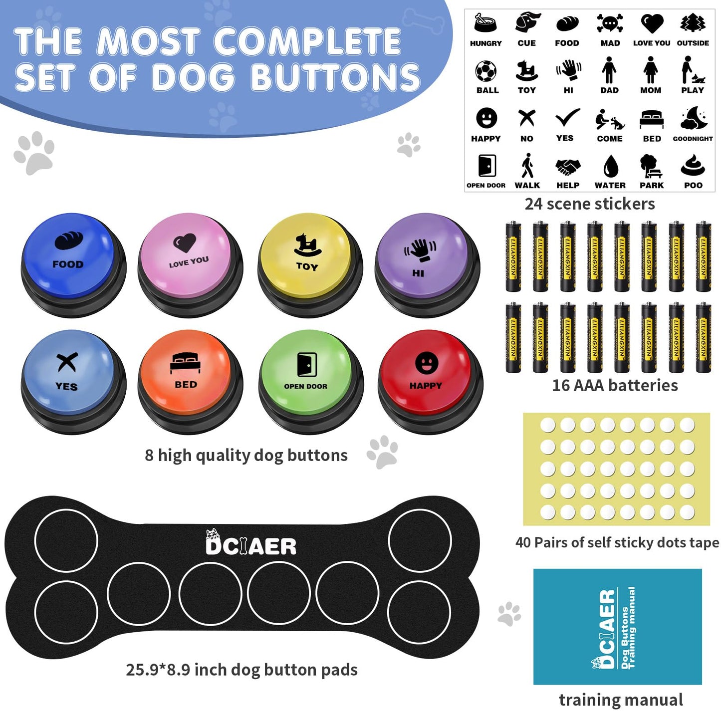 Dog Buttons for Communication,8 PCS 30s Recordable Voice Pet Training Button,with Training Manual Book+16 AAA Batteries+24 Scene Modes+1Dog Button Mat (Dog Buttons for Communication)