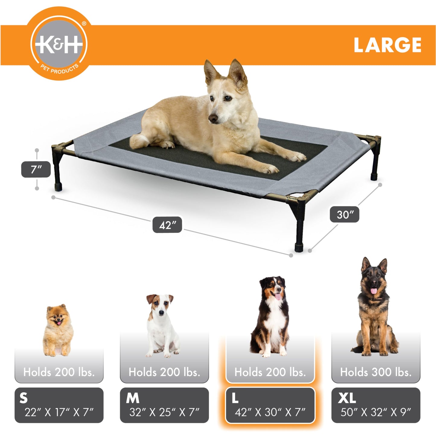 K&H Pet Products Outdoor Elevated Dog Cot, Breathable Cooling Elevated Cot Hammock Pet Bed for Large Dogs, Washable Mesh Cover, Raised Metal Frame, Collapsible, Portable - Large 42 X 30in Gray