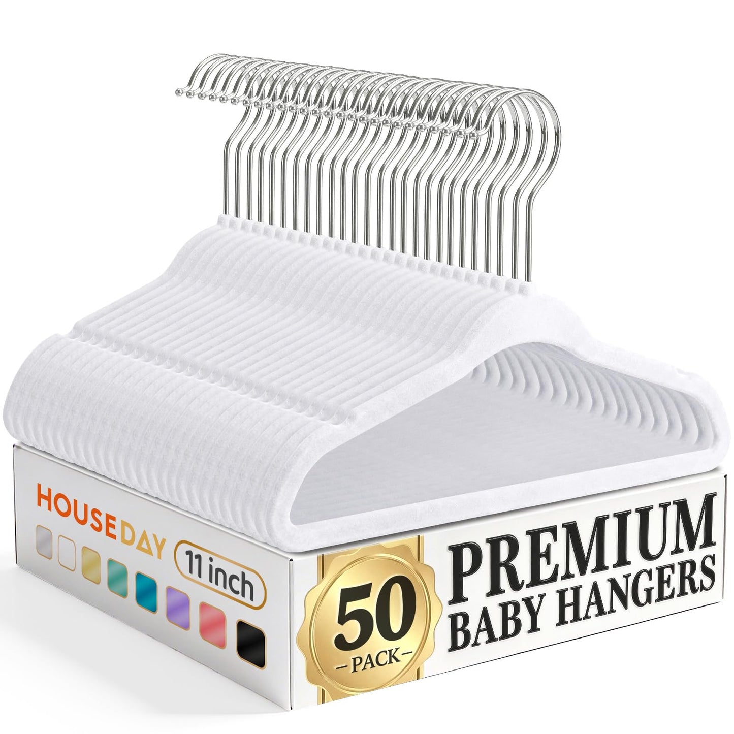HOUSE DAY Velvet Baby Hangers 50 Pack, Space Saving Kids Velvet Baby Clothes Hanger, 11 Inch Toddler Hangers for Kids Clothes, Childrens Small Hanger, Cintres Pour Bébé, White
