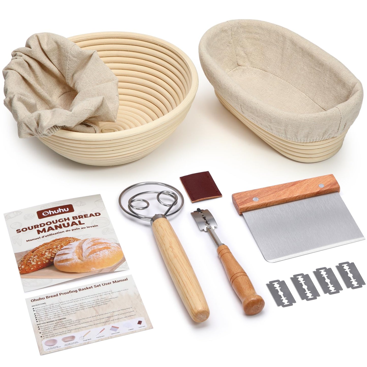 Ohuhu Sourdough Bread Starter Kit & Banneton Proofing Basket, All-in-One Set with 9" Round & 10" Oval Baskets & Tools to Bake Perfect Artisan Loaves at Home, for Beginner to Professional Bakers