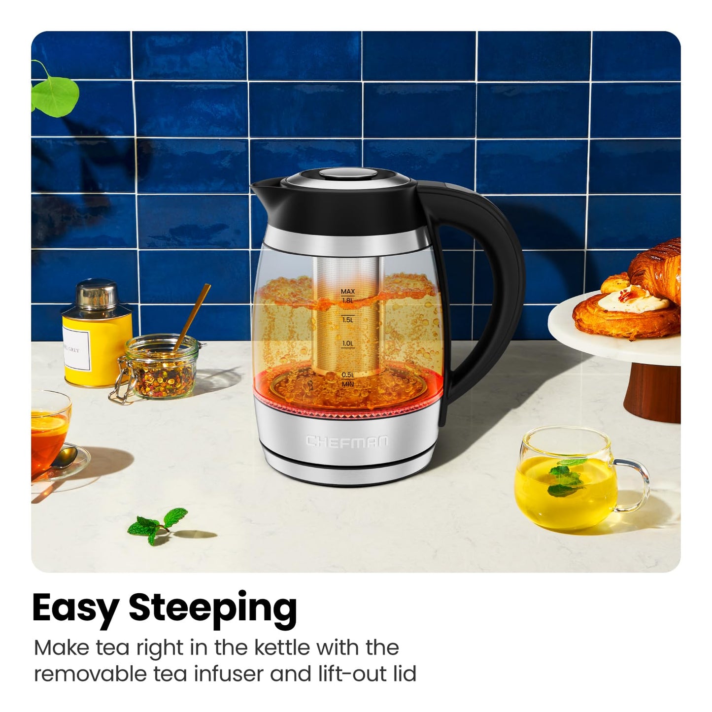 CHEFMAN Electric Kettle with Digital Temperature Control, 1.8L 1500W with Tea Infuser, Hot Water in 3 Minutes, Auto Shut Off, Keep Warm, Borosilicate Glass Electric Tea Kettle – Stainless Steel