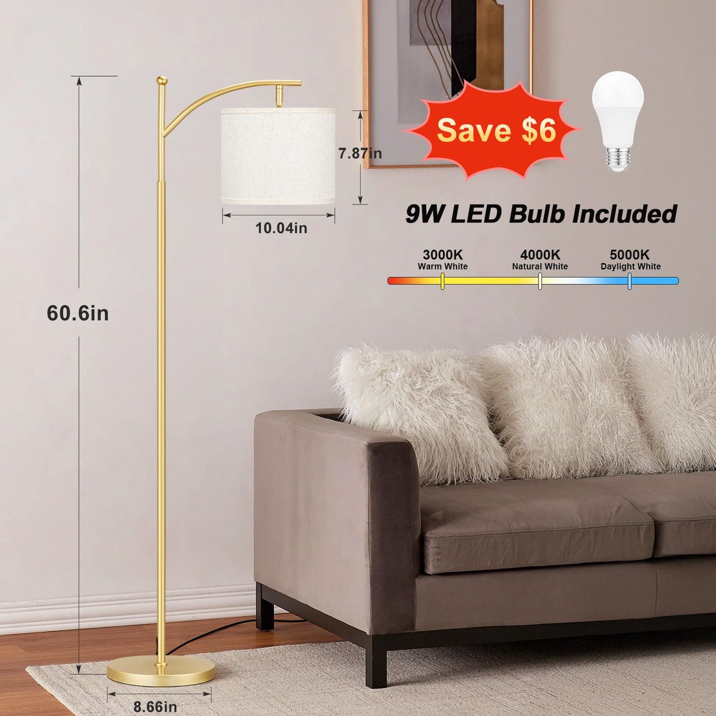 Ambimall 60" Floor Lamp with 3 Color Temperatures LED Bulb, Rotating Lamp Head, Foot Switch, Easy to Install, 9W Bulb Included, Modern Floor Lamp for Living Room, Bedroom, Study Room, Nursery (Gold)