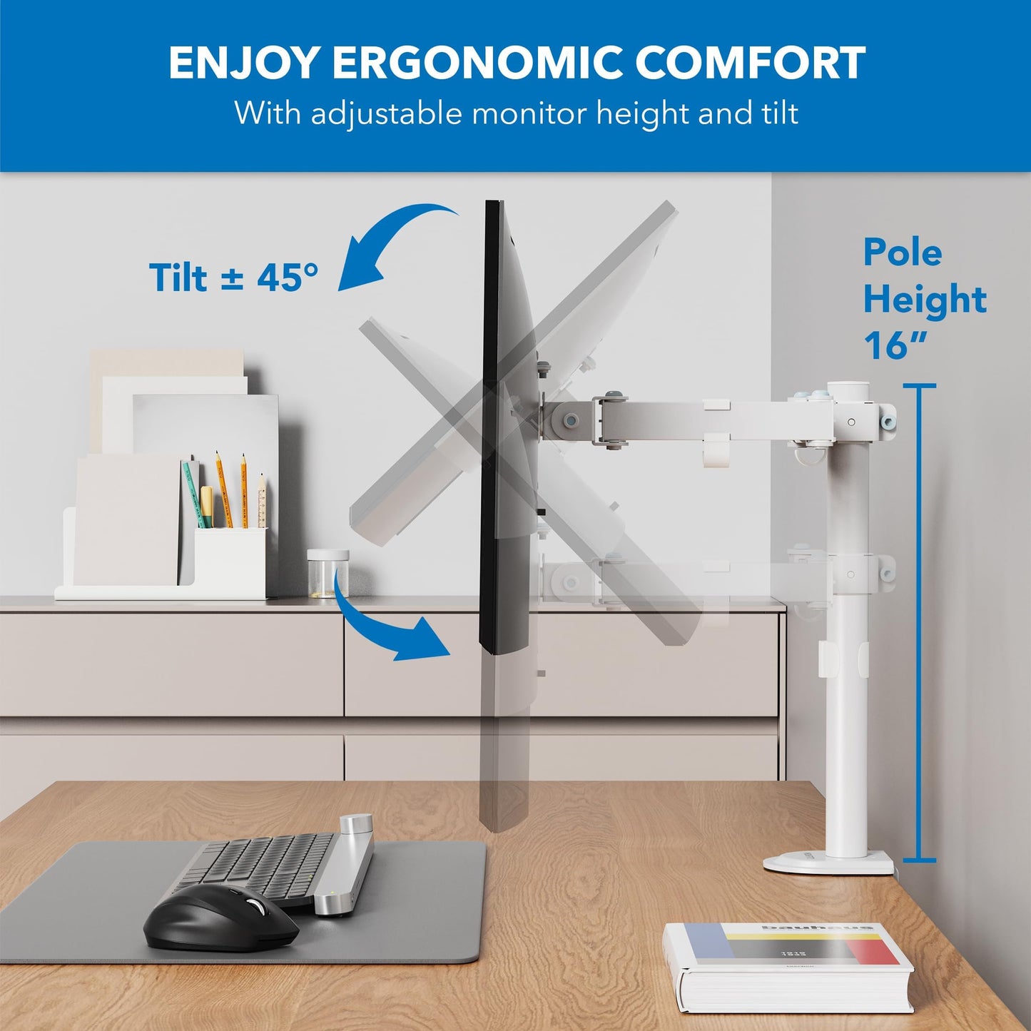Mount-It! Single Monitor Arm 17" to 32", Full Motion Adjustment with Tilt, Rotation, Swivel, Height Adjustment Along Pole, Clamp or Grommet Mounting, Monitor Desk Mount VESA 75x75 and 100x100, White