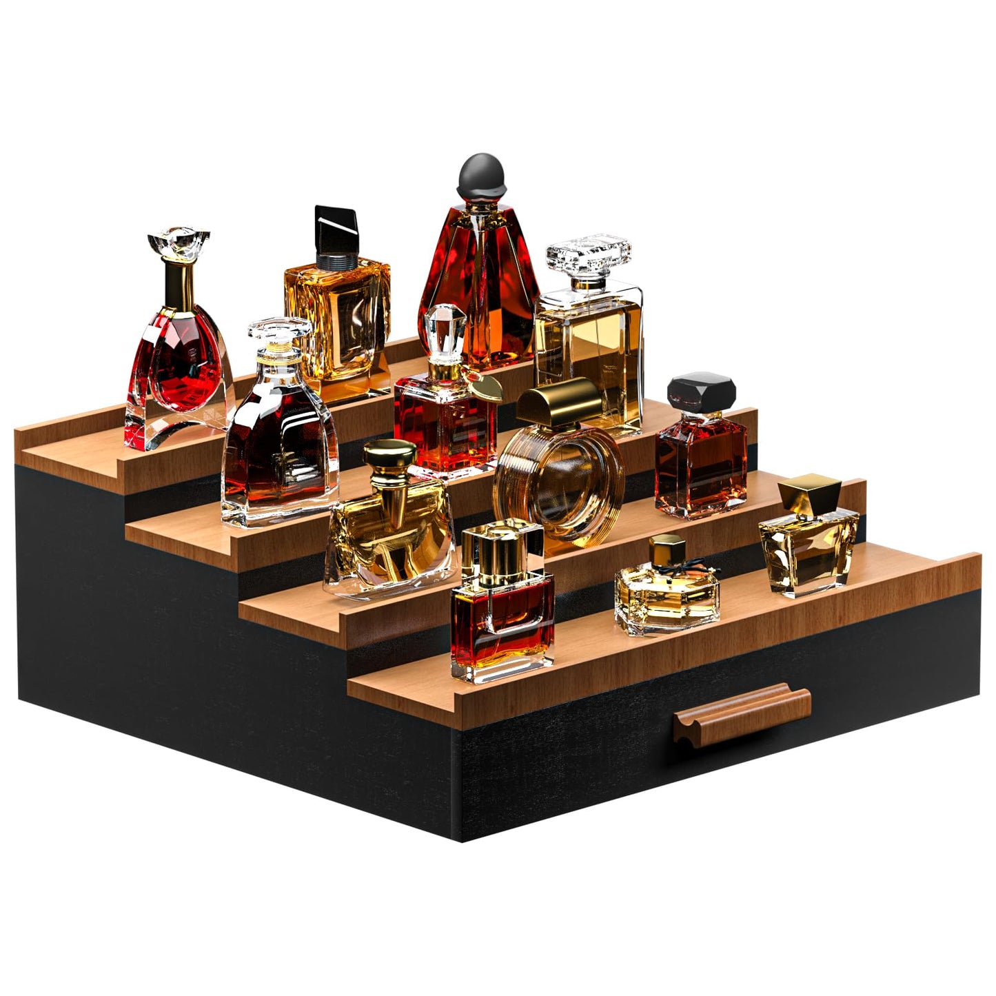 Wooden Cologne Organizer for Men 4 Tier of Elevated Cologne Display Shelf with Drawer Storage Perfume Organization and Storage Display Risers,Great Gift for Man (BlackWalnut)