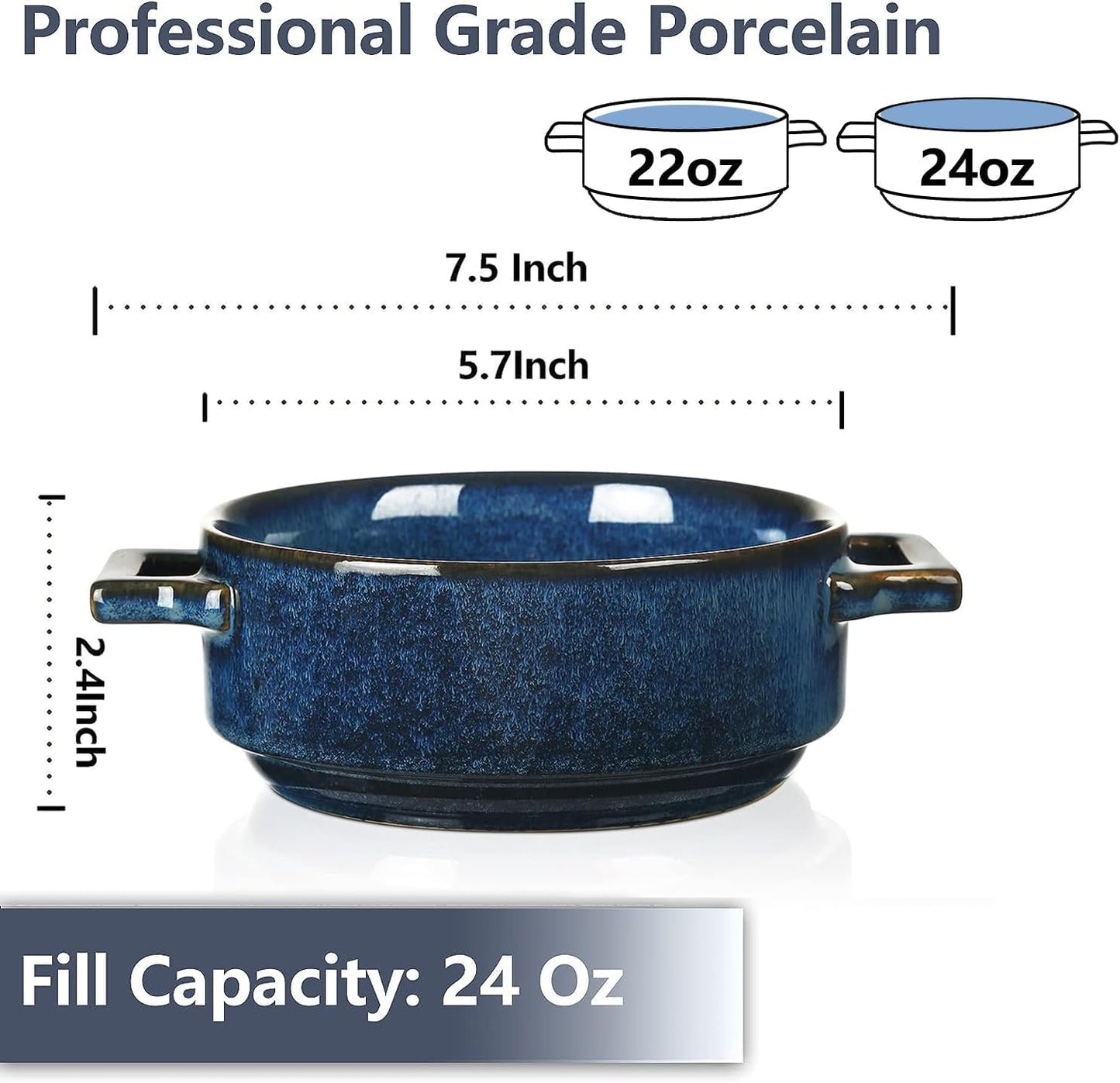 Vicrays Ceramic Soup Bowls with Handles, 24 Oz Porcelain Soup Bowls for French Onion Soup, Cereal, Beef Stew, Chill, Pasta, Pot Pies, Microwave and Oven Safe, Set of 4 (Blue)