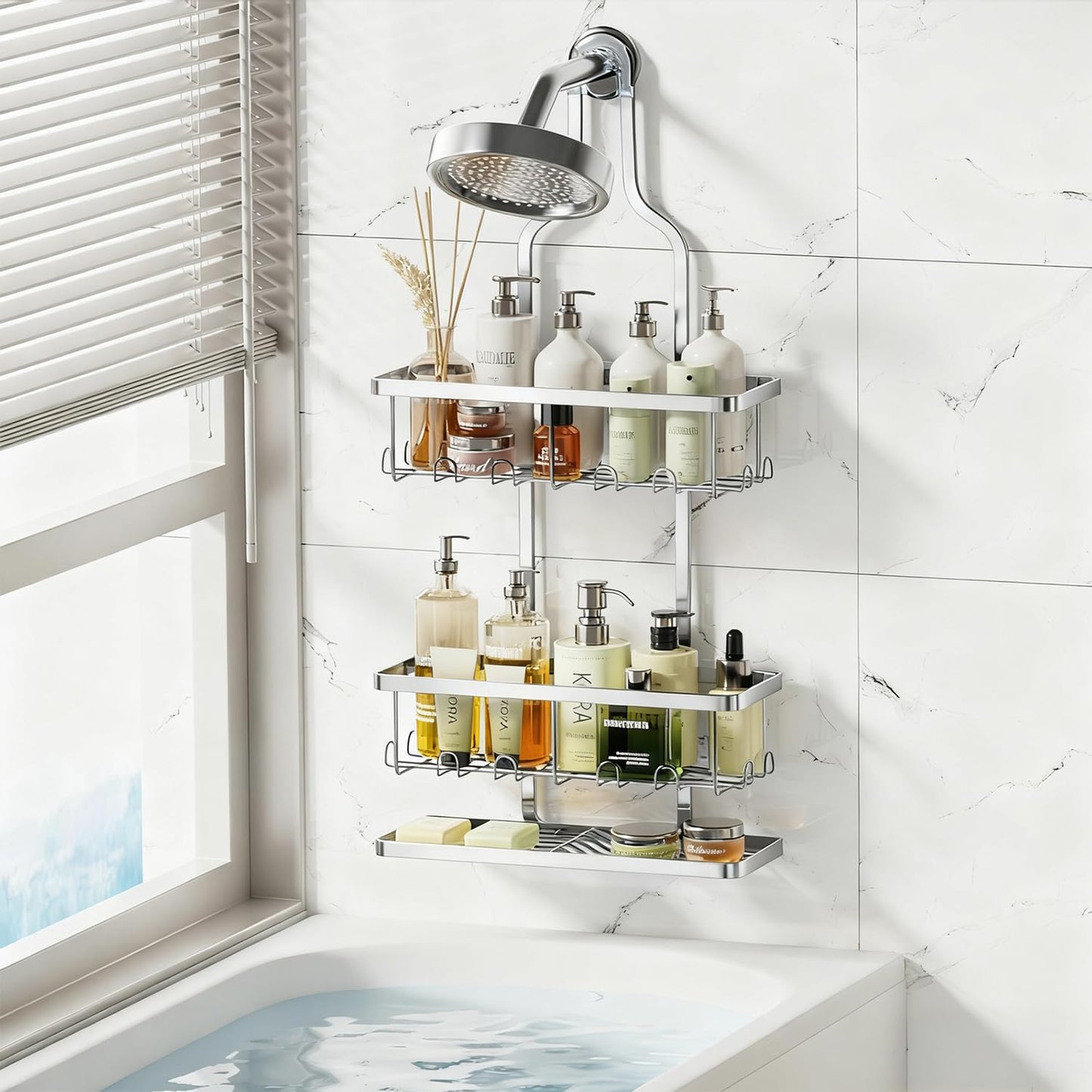 Shower Caddy Hanging, Bathroom Organizers Shelves over Shower Head, Anti-Swing Shower Organizer Shower Shelf, Hanging Shower Caddy with Hooks