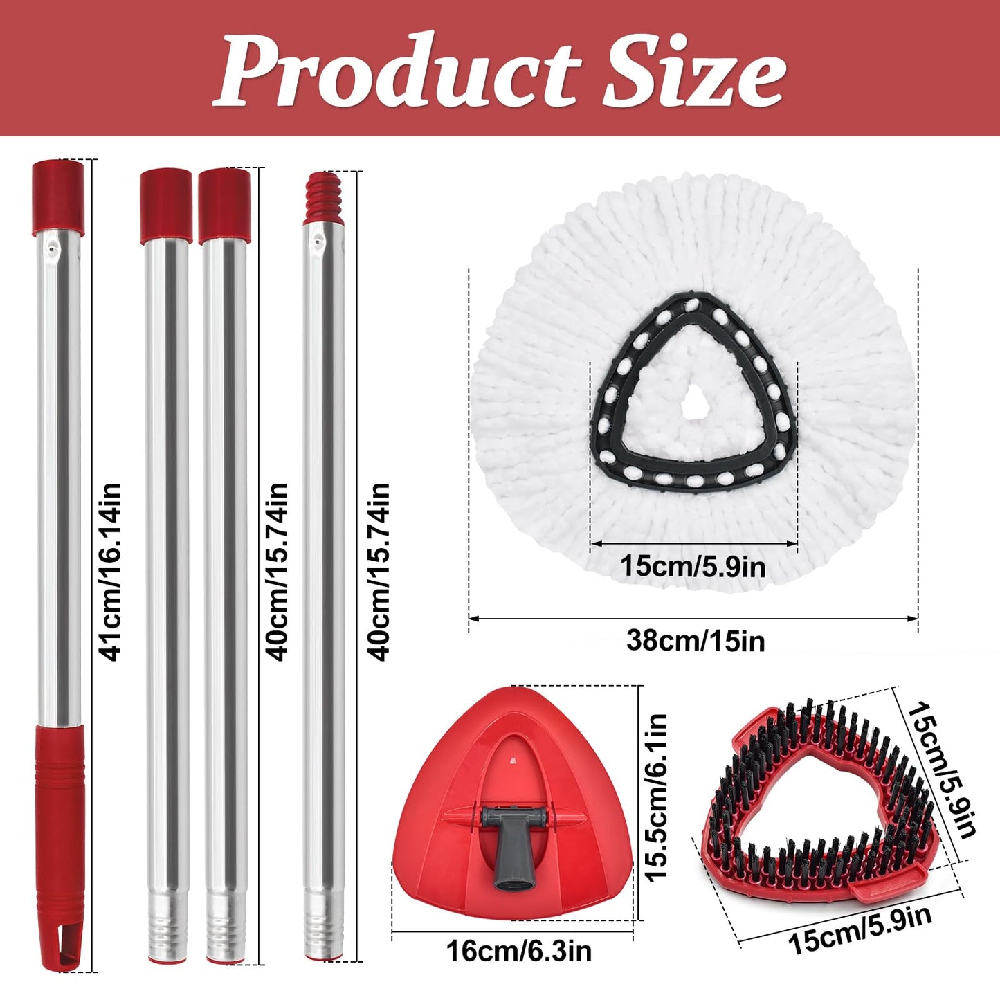 Spin Mop Handle Replacement for Vileda, Mop Heads Compatible with Vileda EasyWring Spin Mops & Bucket 1-Tank, Include 4-Section Handle, 2 Microfiber Head Refills,1 Scrub Brush, 1 Base