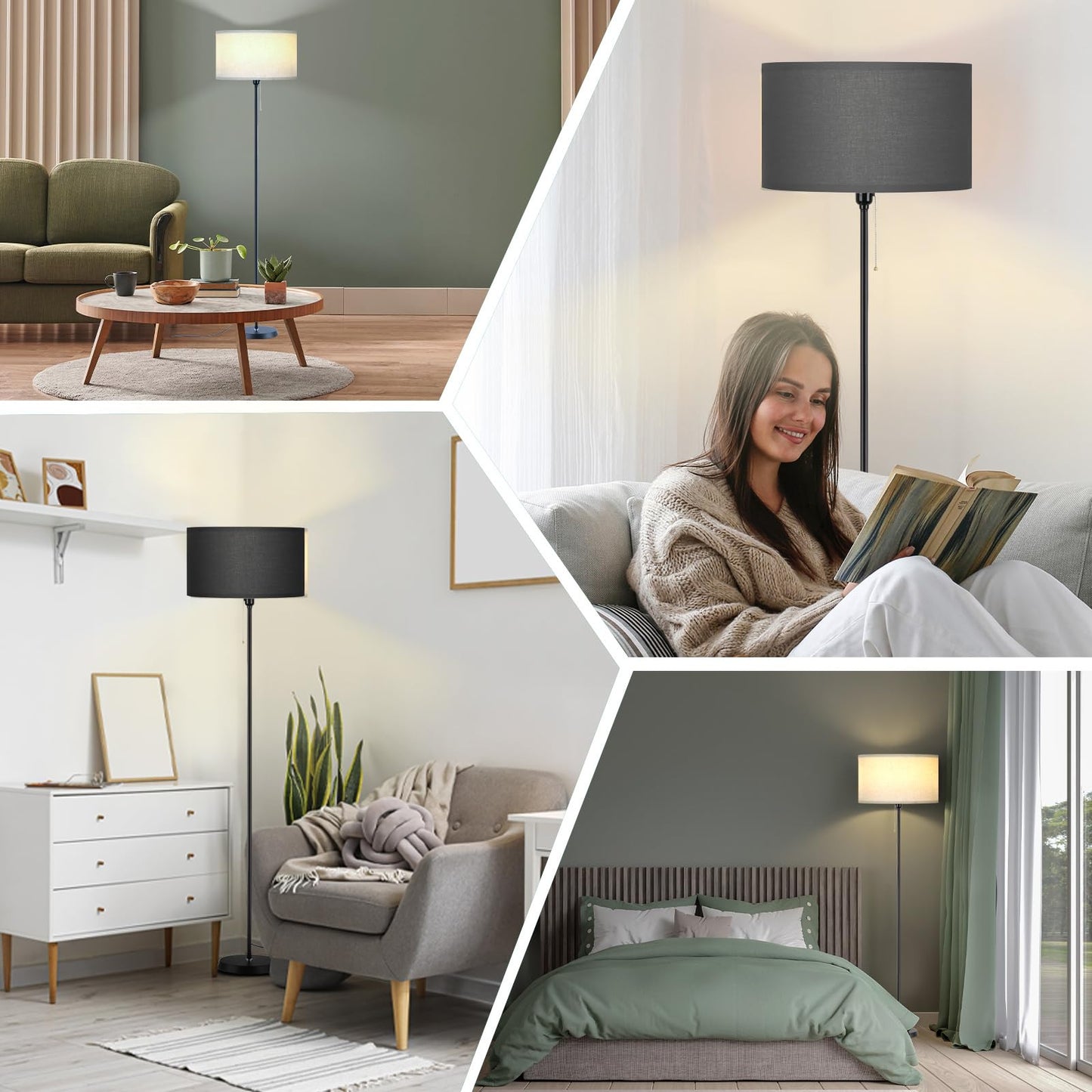 Dimmable Floor Reading Lamps for Living Room Farmhouse Corner Arc Standing LED Modern Floor Lamps, LED Bulb Includes (Black Linen Lampshape)