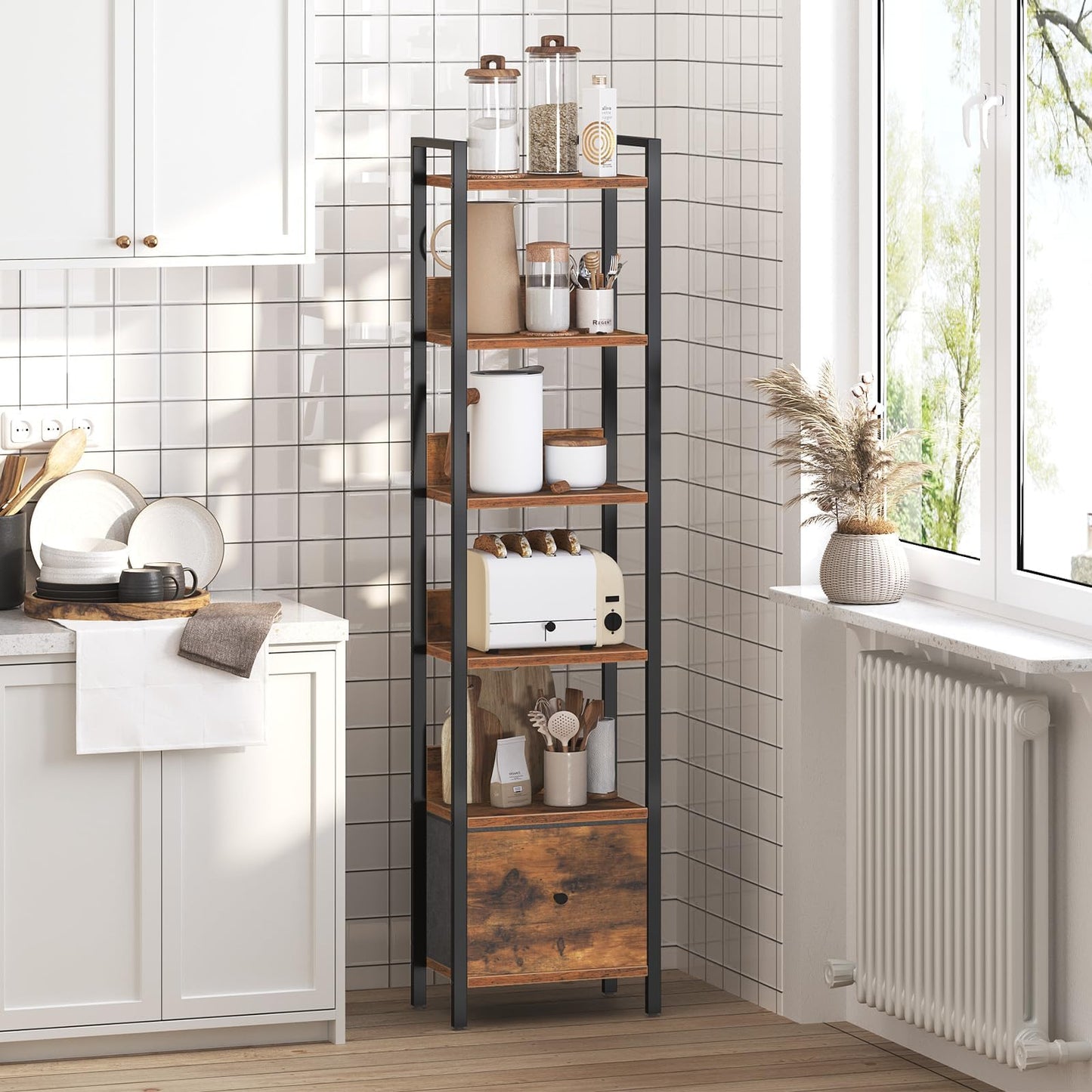 MAHANCRIS Bookshelf, 6 Tier Tall Narrow Bookcase with Drawer, Industrial Shelf Storage Organizer, Display Shelving Unit for Living Room, Home Office, Study, Rustic Brown and Black BKHR66101