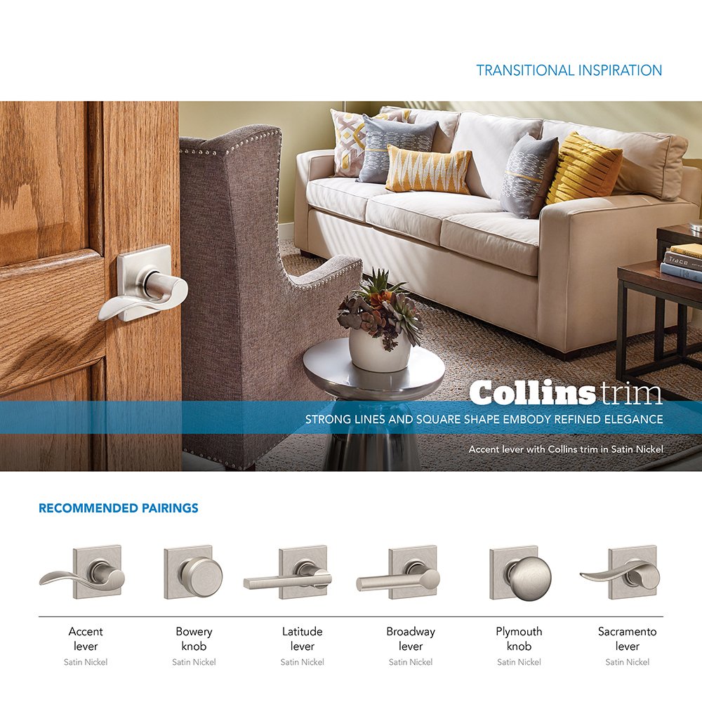 Schlage F51A LAT 619 COL Latitude Lever with Collins Trim Keyed Entry Lock, Satin Nickel