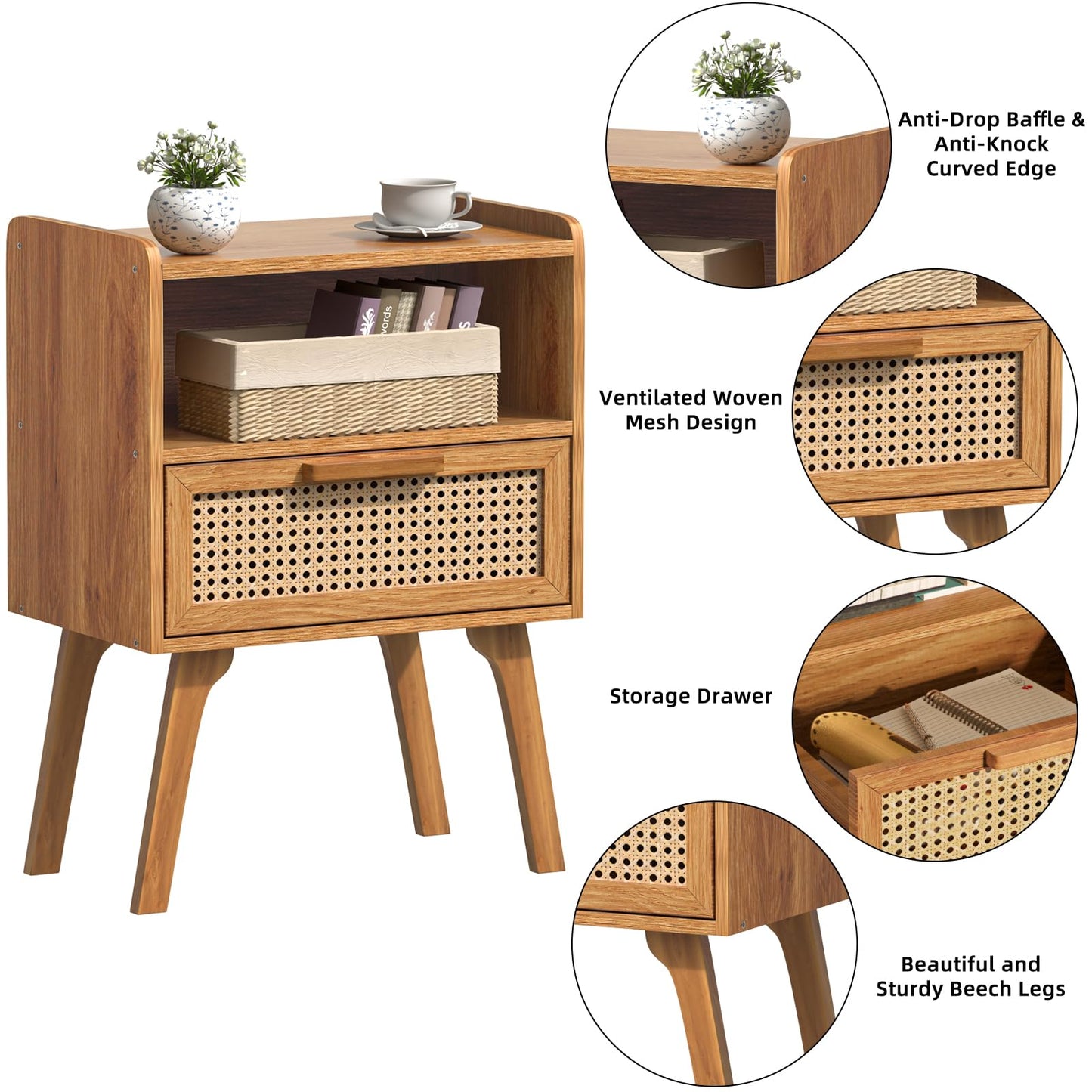Lerliuo Rattan Nightstand, Boho Side Table with Drawer Open Shelf, Cane Accent Bedside End Table with Solid Wood Legs for Bedroom, Dorm and Small Spaces（Tea Brown）