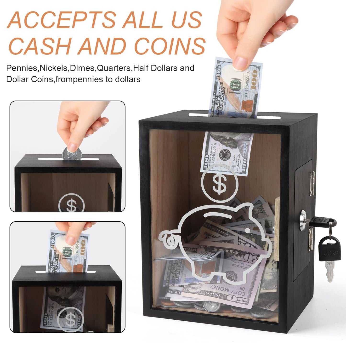Mczxon Clear Piggy Bank with Lock, Large Money Saving Jar Money Bank Box Container for Cash Saving, Openable Clear Money Coin Change Bank Jar Container Penny Piggy Jar Bank for Adults Kids, Black