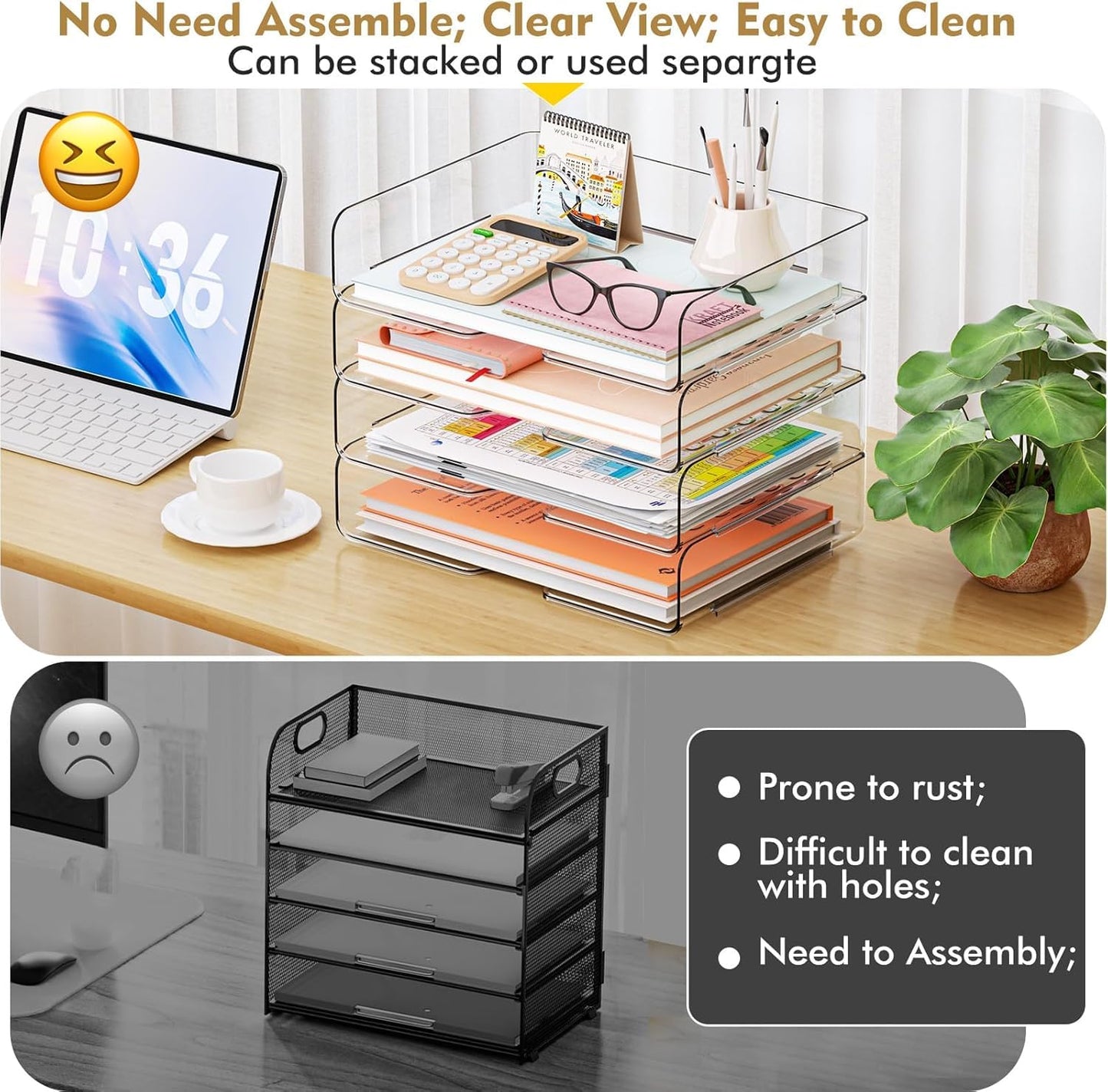 4 Trays Paper Organizer Letter Tray - Acrylic Desk File Organizer, Stackable Clear Paper Holder Sorter Office Organizer for Letter/A4, Office File Ipad Books Notes Etc (Clear Tray, 4 Pack)