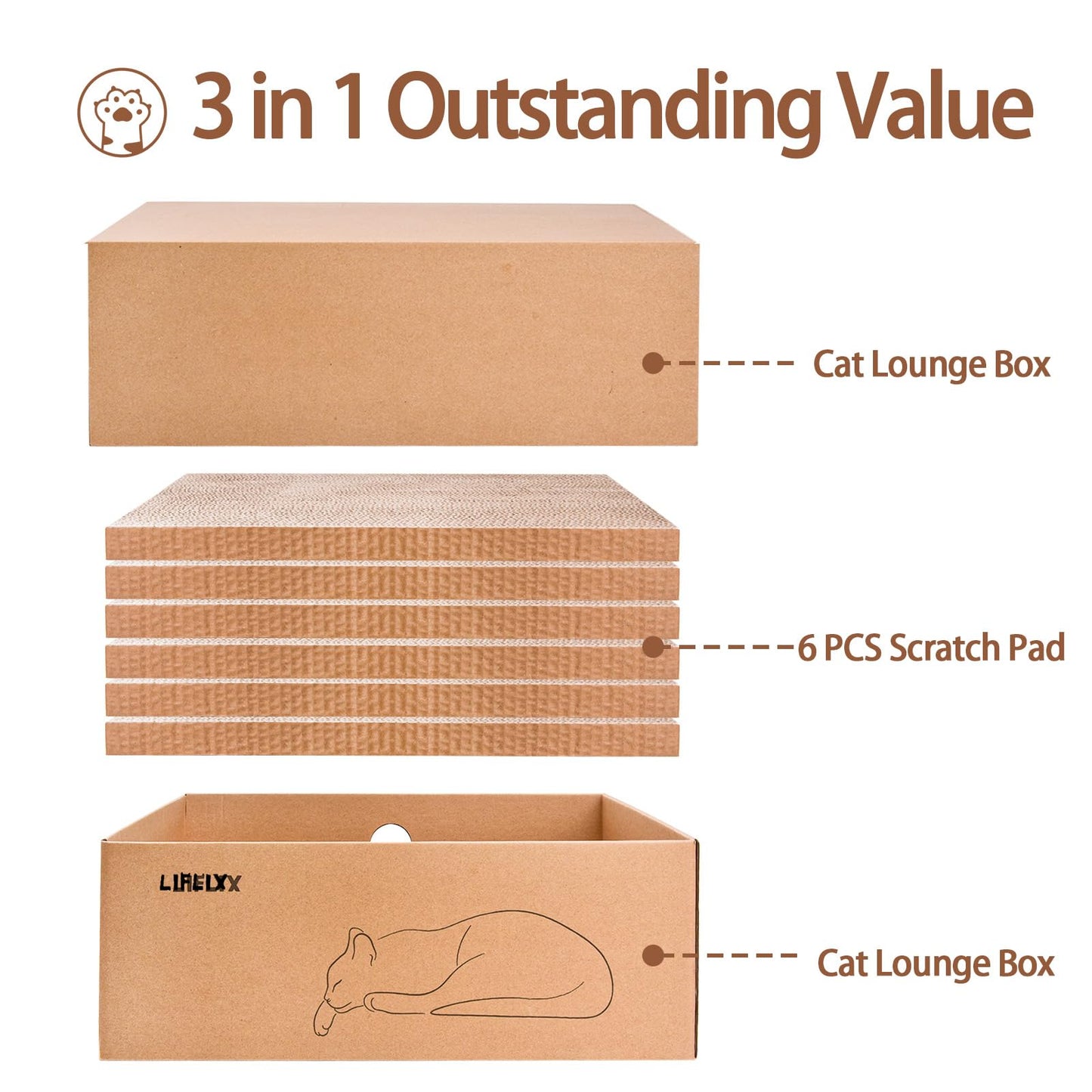 LIFLIX Cardboard Cat Scratcher with 2 Boxes, 6PCS Reversible Scratch Pads in Large Scratching Box, 43L * 34W * 15H cm