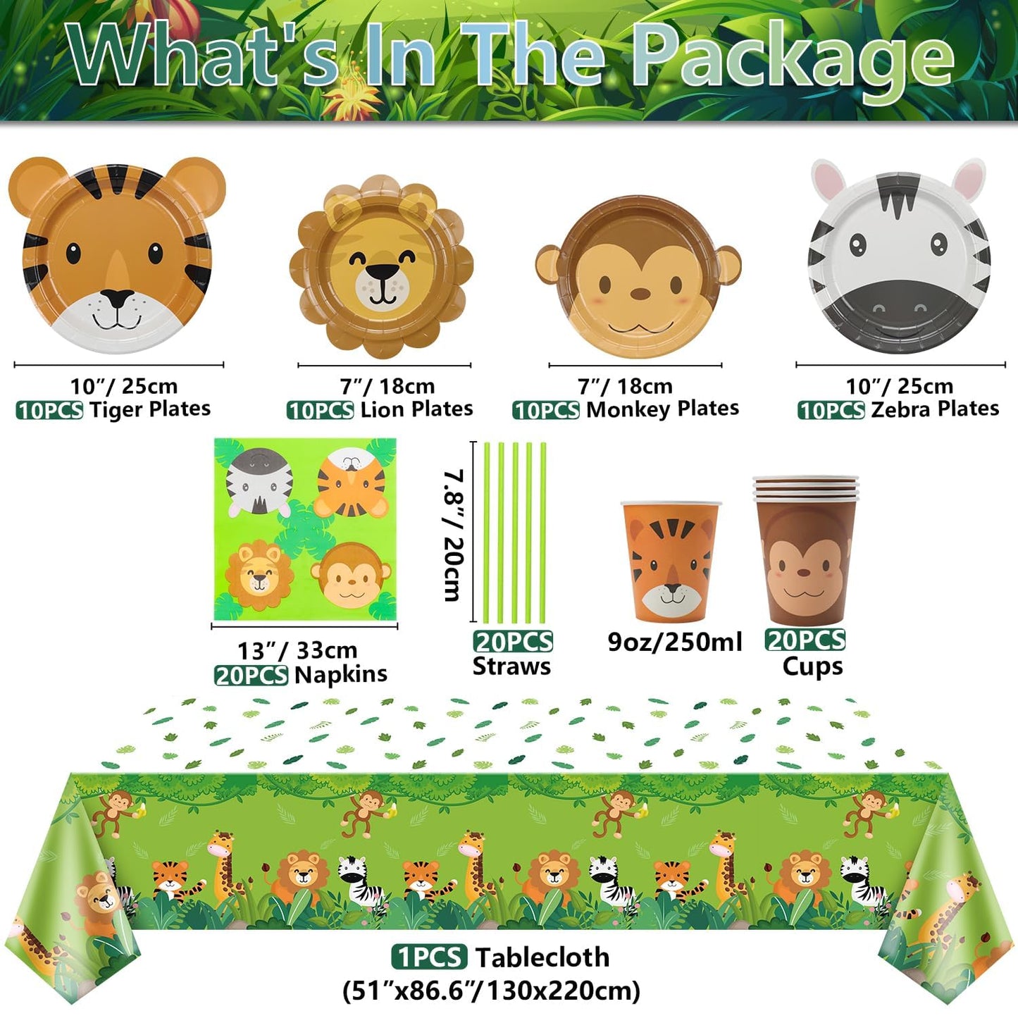 Jungle Safari Birthday Party Decorations, Animal Paper Plates, Safari Tablecloth, Animal Balloons, Happy Birthday Banner, Napkins, Animal Cups, Jungle Animal Birthday Decorations for Boys Kids