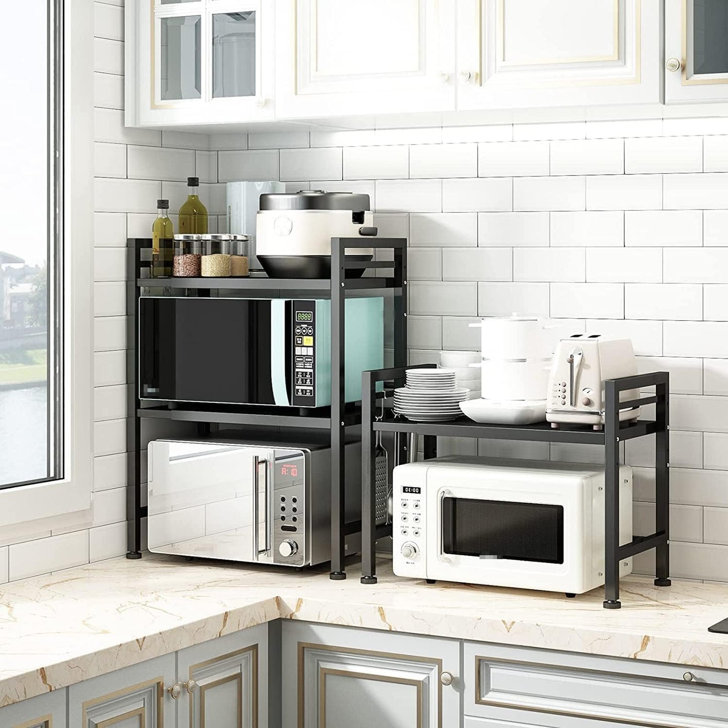 DOLALIKE Expandable Microwave Rack, Countertop Kitchen Utensils Tableware Storage, Carbon Steel 3 Tier Shelf with 3 Hooks