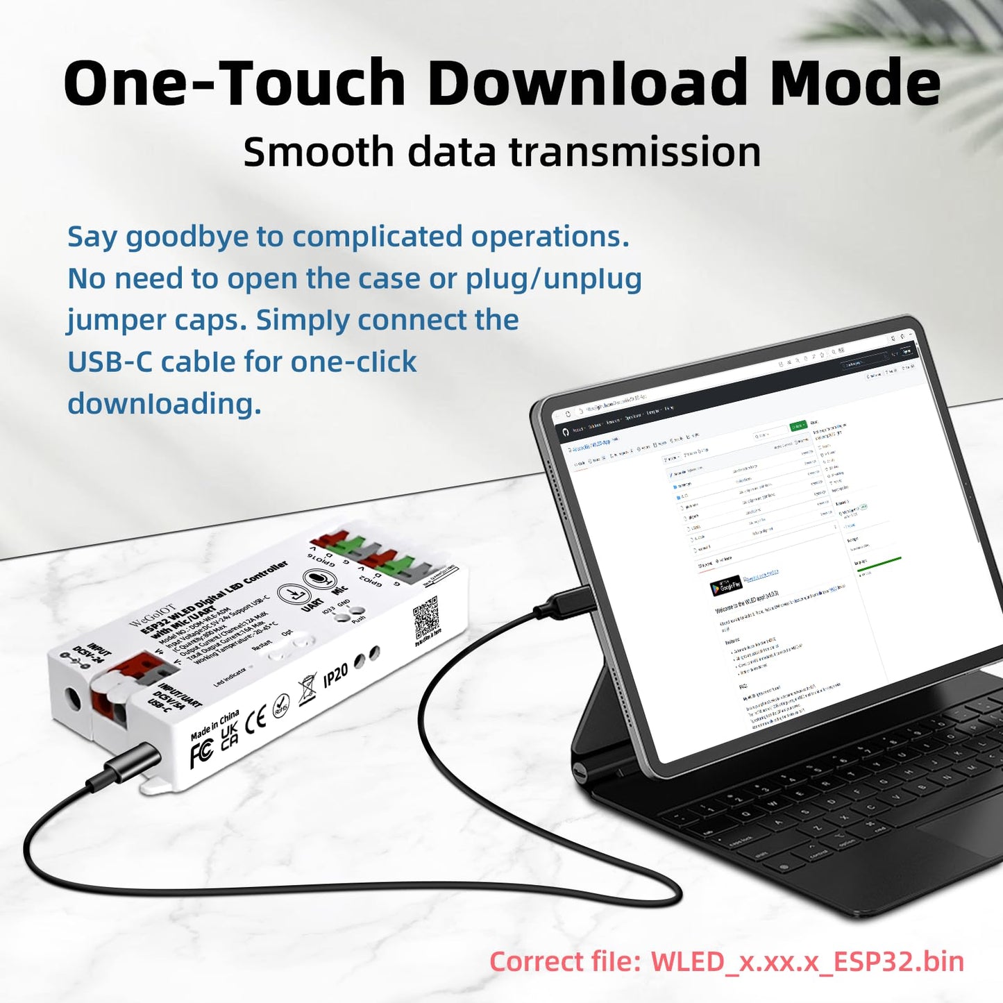 WeGoIOT ESP32 WLED LED Strip Controller Mic UART USB Type-C Download Music Sound Dynamic Mode DIY WiFi APP Control for SM 16703P WS2811 WS2812B SK6812 FL19038 WS2805 IC FCOB Addressable Strip Light