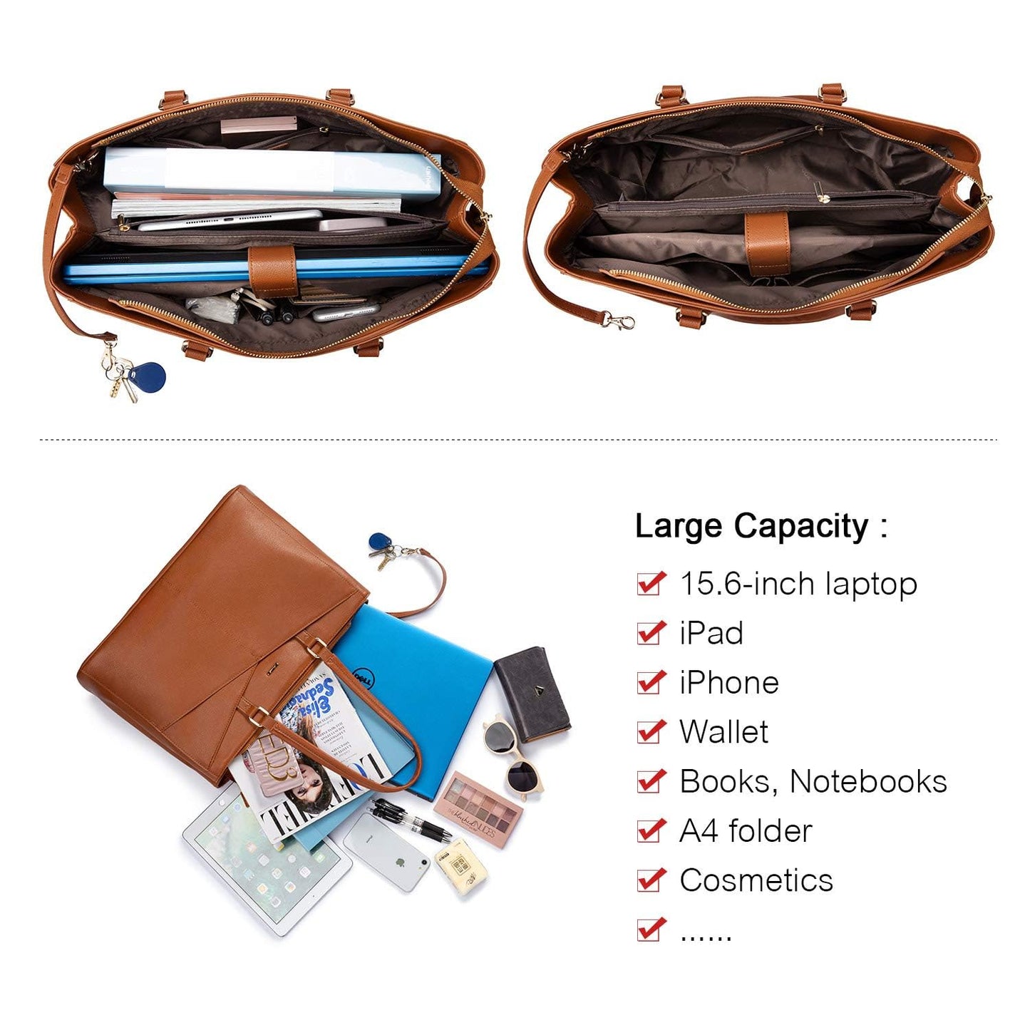 LOVEVOOK Laptop Tote Bag for Women 15.6 Inch Waterproof Leather Computer Bags Women Business Office Work Bag Briefcase Brown