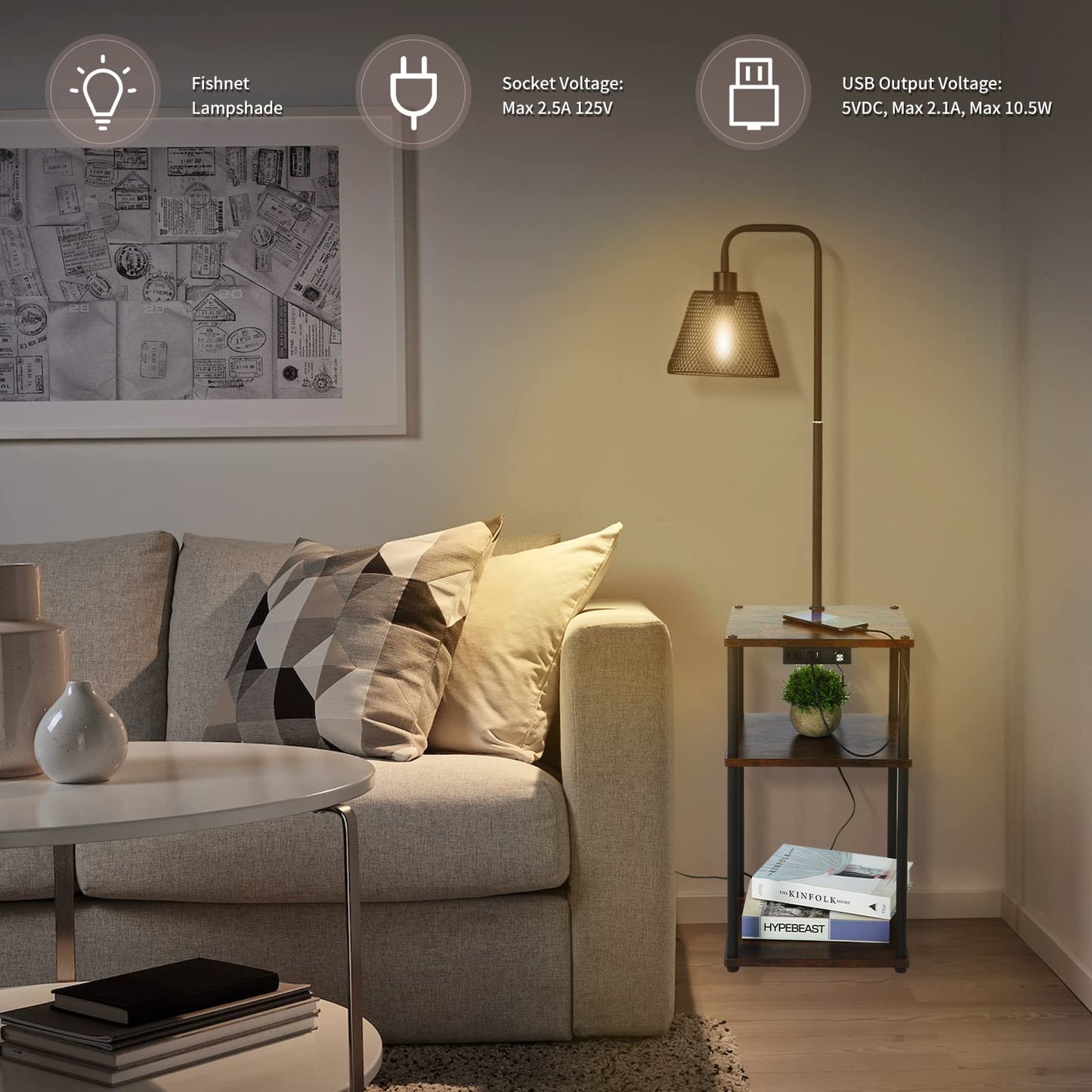 Pazarfami Floor Lamp with Table,Foor Lamp with Shelves,Side Table with USB Charging Port and Outlet,Modern Bedside Nightstand End Table with Lamp for Living Room,Bedroom,Guest Room,Bulb Included