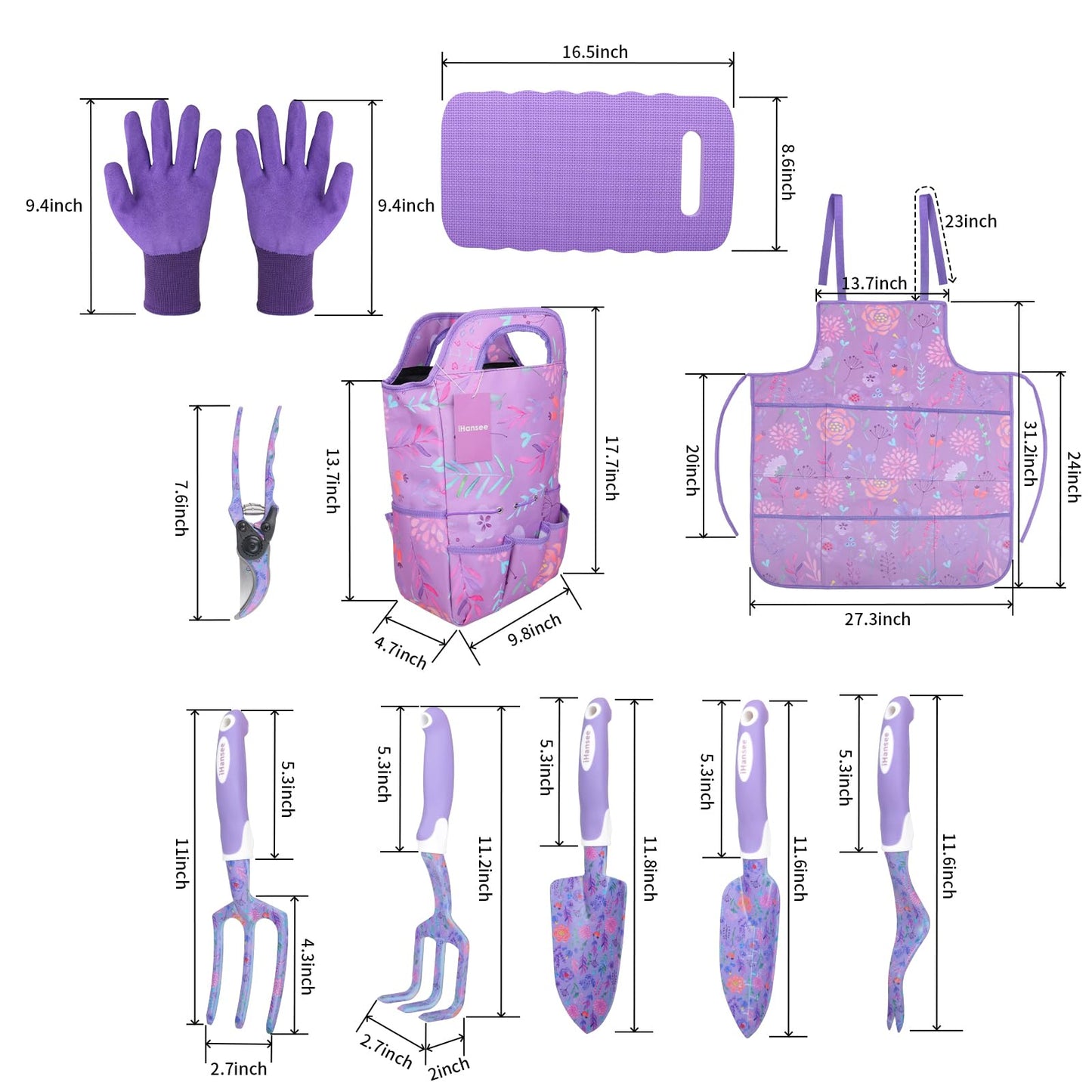 iHansee Purple Garden Tools 10-Piece, Heavy Duty Gardening Tools Set with Non-Slip Ergonomic Handle, Flower Print Garden Tool Bag, Gardening Gifts for Women, Plant Lover Gifts for Mom Grandma