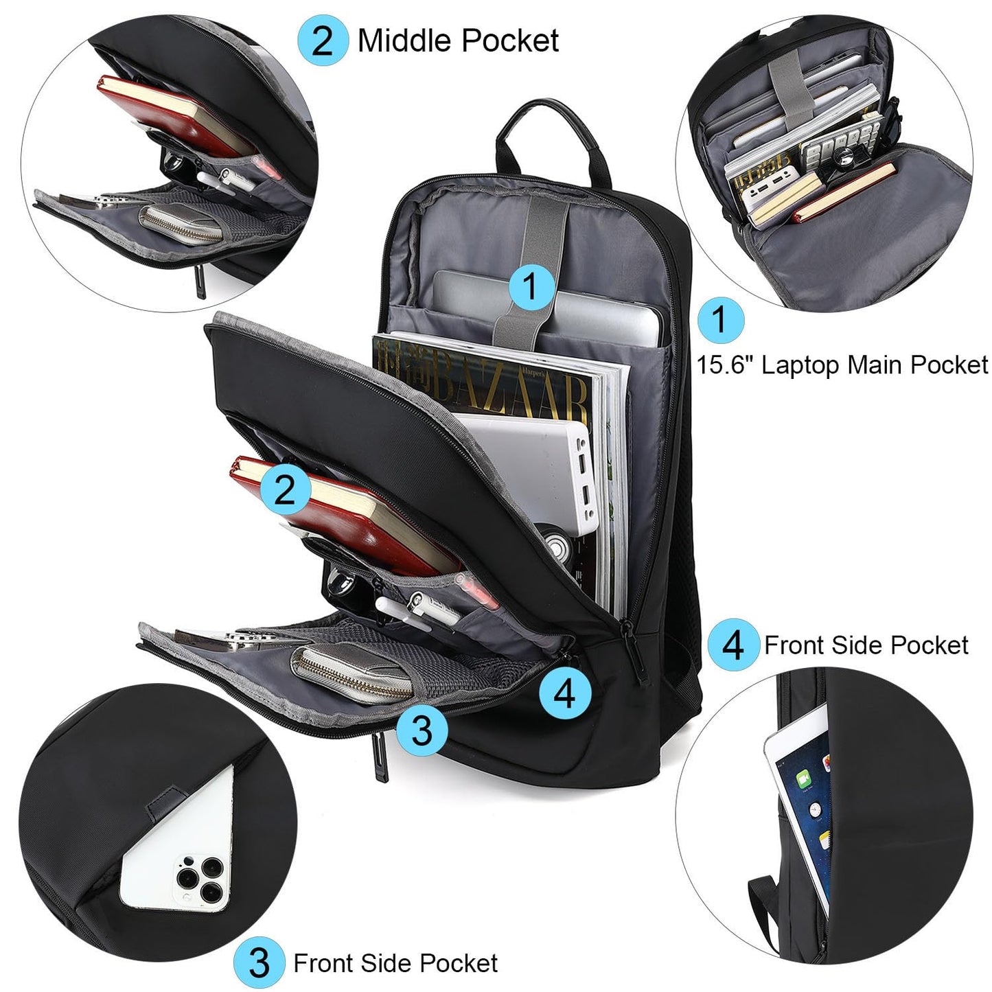 AUGUR Slim Laptop Backpack With 15.6 Inch Sleeve - Professional Notebook Bag for Men - Fits Travel/Business/Work - 1505 Black, Large