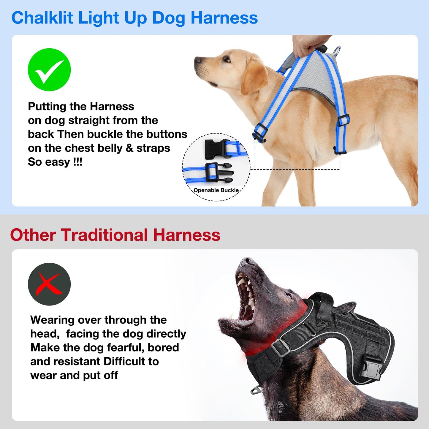 ChalkLit Light Up Dog Harness, No Pull Led Dog Harness Glow-in-The-Dark for Night Walking, USB Rechargeable Lighted Safety Vest for Medium Large Dogs, Adjustable Soft Mesh Fully Illuminated (Blue, XL)