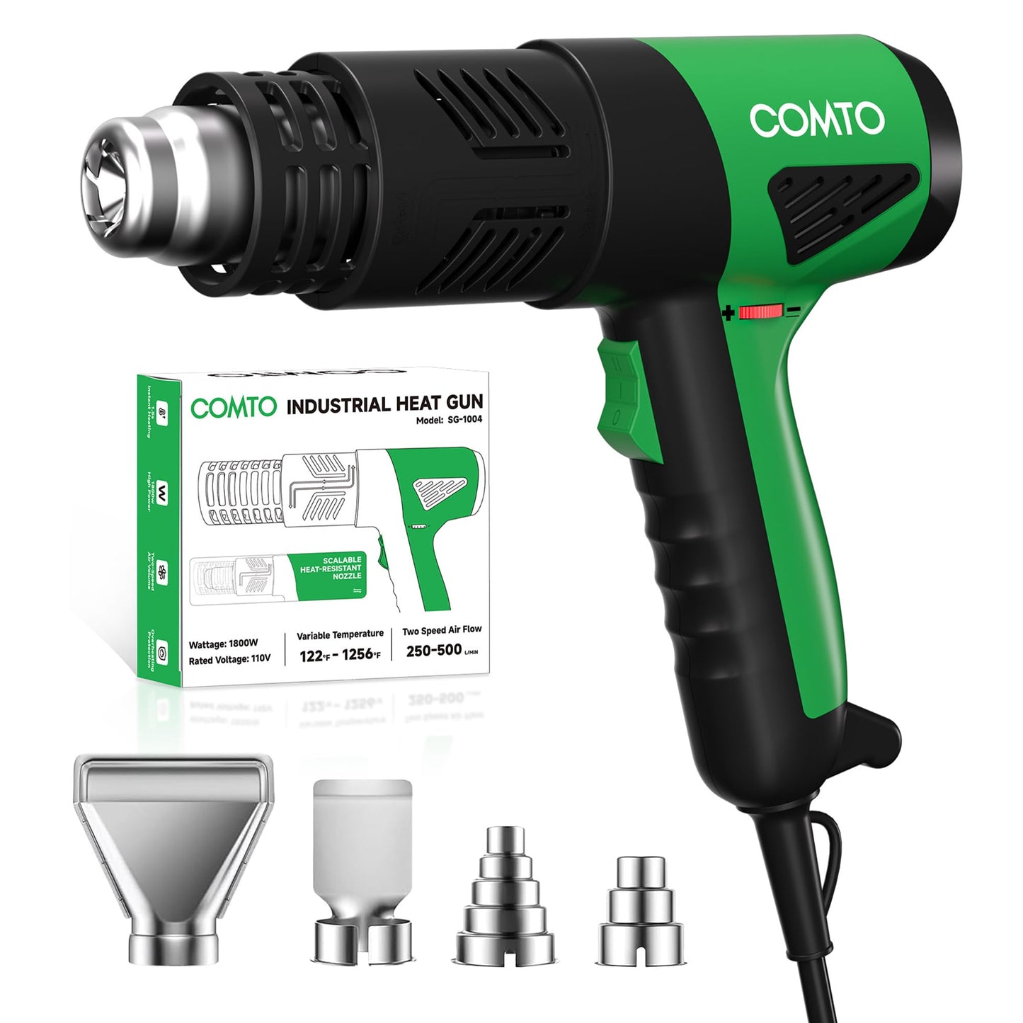 COMTO 1800W Industrial Heat Gun, Fast Heating 122℉-1202℉ Variable Temperature Control Overheat Protection 2 Speed Air Flow with 4 Nozzles for Crafts, Shrinking Tubing, Vinyl Wrap (SG-1004)
