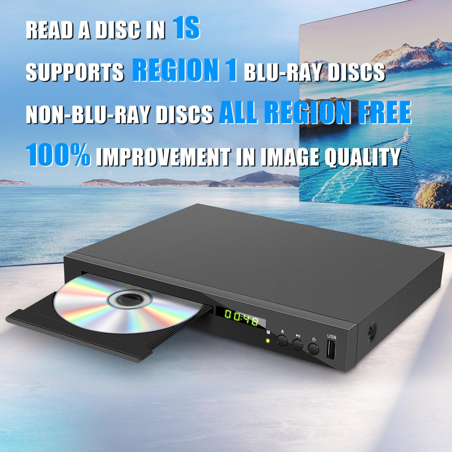 Blu Ray Player, HD Bluray DVD Player for TV, Play Region A/1 Blu-Ray Disc and All Region DVD Discs, Blu-ray Player DVD CD Player with HDMI AV Coaxial Output, USB Input, Built-in PAL NTSC (Zone A/1)