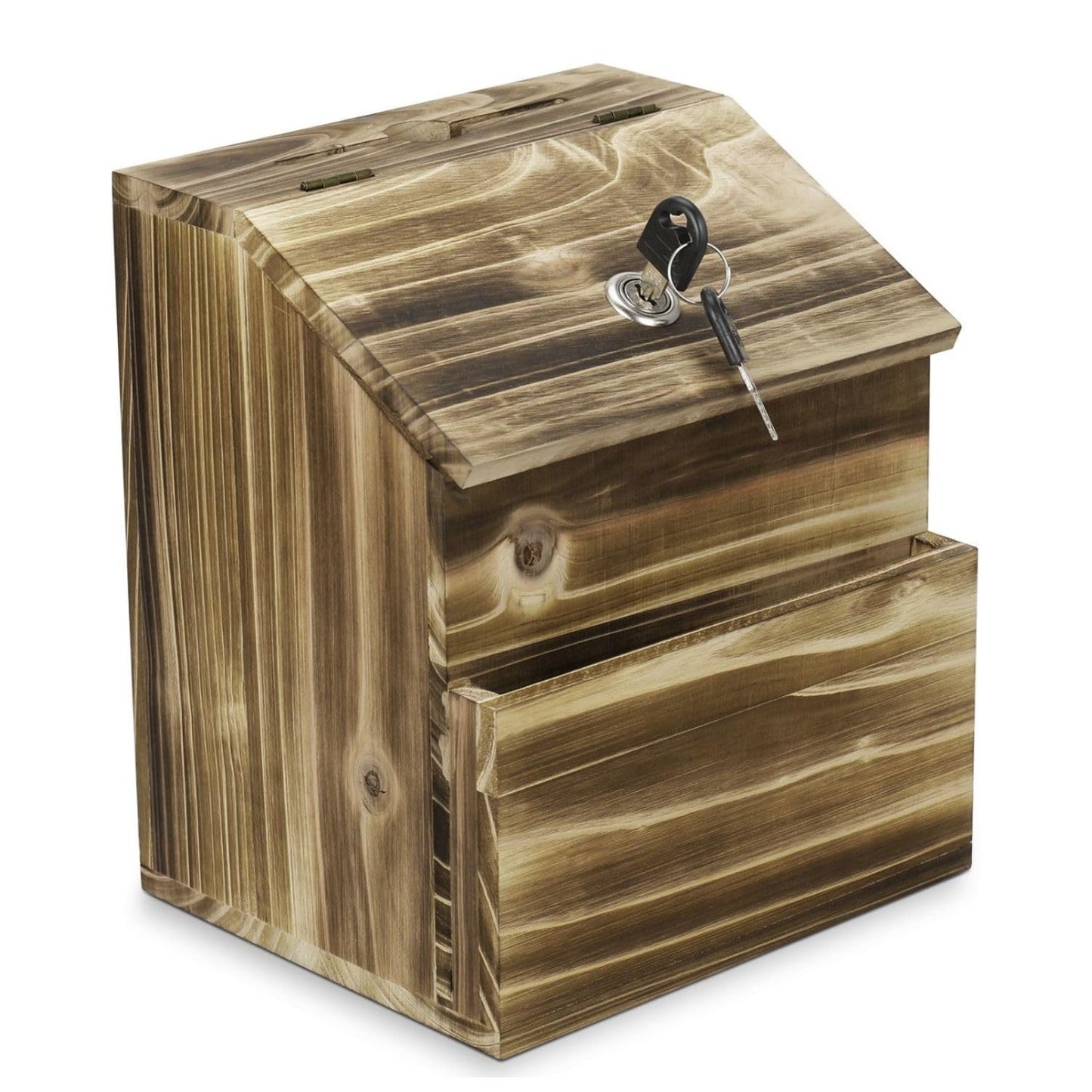 Flexzion Wooden Lockable Suggestion Box with Key Lock Lid, Wall Mounted or Free Standing Locked Ballot Prayer Donation Comment Cash Tip Money Drop Box Includes Hardware, 2 Keys