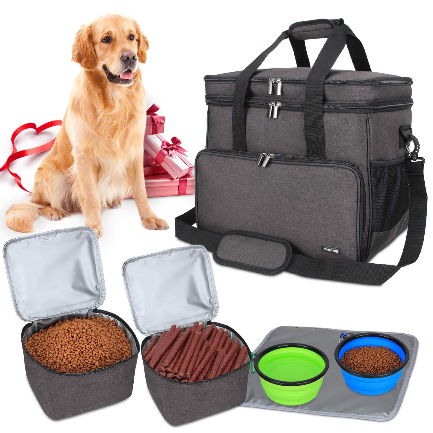 Teamoy Double Layer Dog Travel Bag with 2 Silicone Collapsible Bowls, 2 Food Carriers, 1 Water-Resistant Placemat, Pet Supplies Weekend Tote Organizer, Large, Black