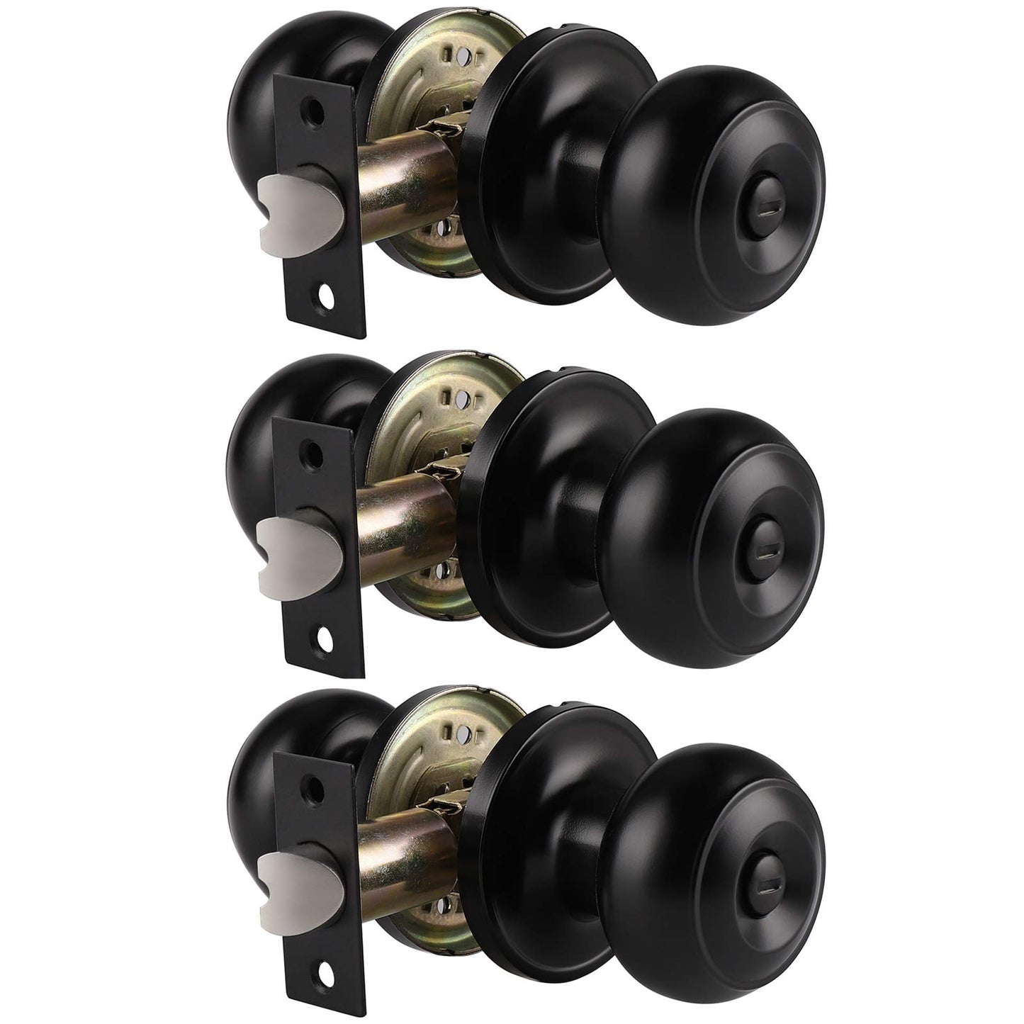 Probrico Interior Door Knob Black Matte Door Handles Keyless, Indoor Privacy Door Lock Flat Ball Knob for Bedroom/Bathroom, 3 Pack