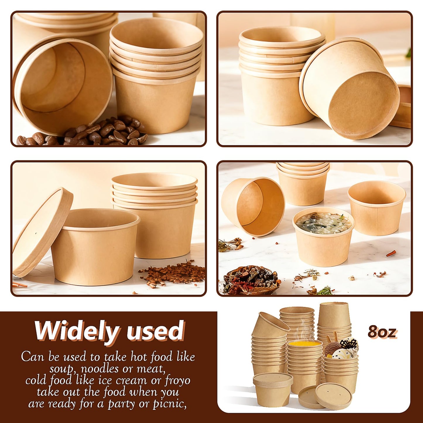 100 Pack 8 oz Paper Soup Containers with Vented Lids, Disposable Kraft Paper Food Containers to Go Hot Soup Bowls Ice Cream Cup Dessert Cup for Restaurants (Kraft)