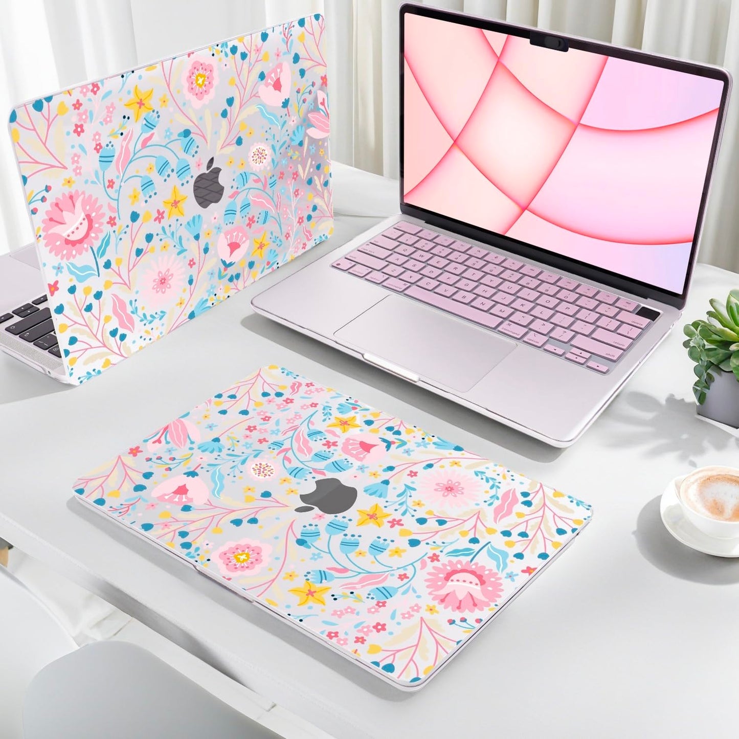 Seanai Compatible with MacBook Air 13.6 inch Case M5 A3449 M4 A3240 M3 A3113 M2 A2681 2026 2025 2024 2023 2022 Release Touch ID, Printed Pattern Plastic Hard Shell Case Keyboard Cover, Pink Flowers