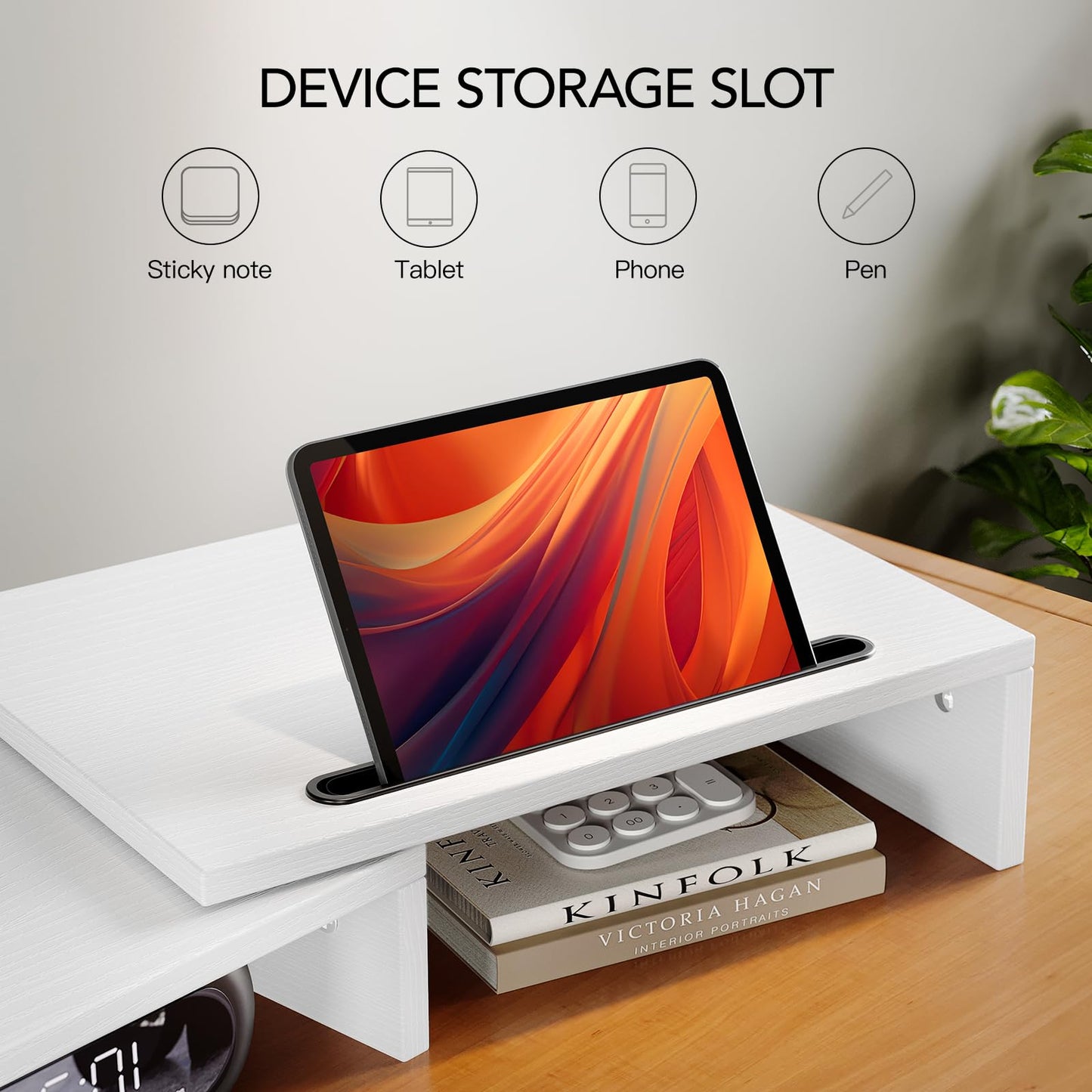 AMERIERGO Dual Monitor Stand -Adjustable Length and Angle, Computer Monitor Stand w/2 Slot, Desktop Organizer, Dual Monitor Stand Riser for PC, Computer, Laptop, White