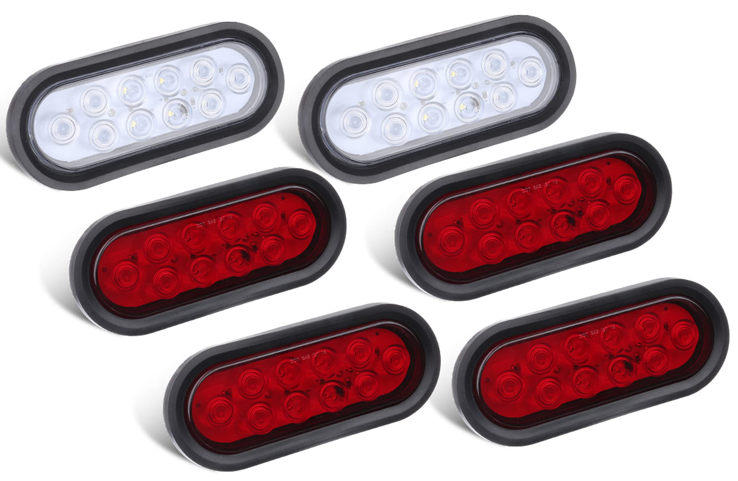 VINAUO 4 Red + 2 White 6" Oval LED Trailer Tail Light Kit, Grommets & 3-pin Water Tight Plugs Included, Stop Brake Turn Reverse Back Up Trailer Lights IP67 Waterproof for Trailer RV Truck Jeep