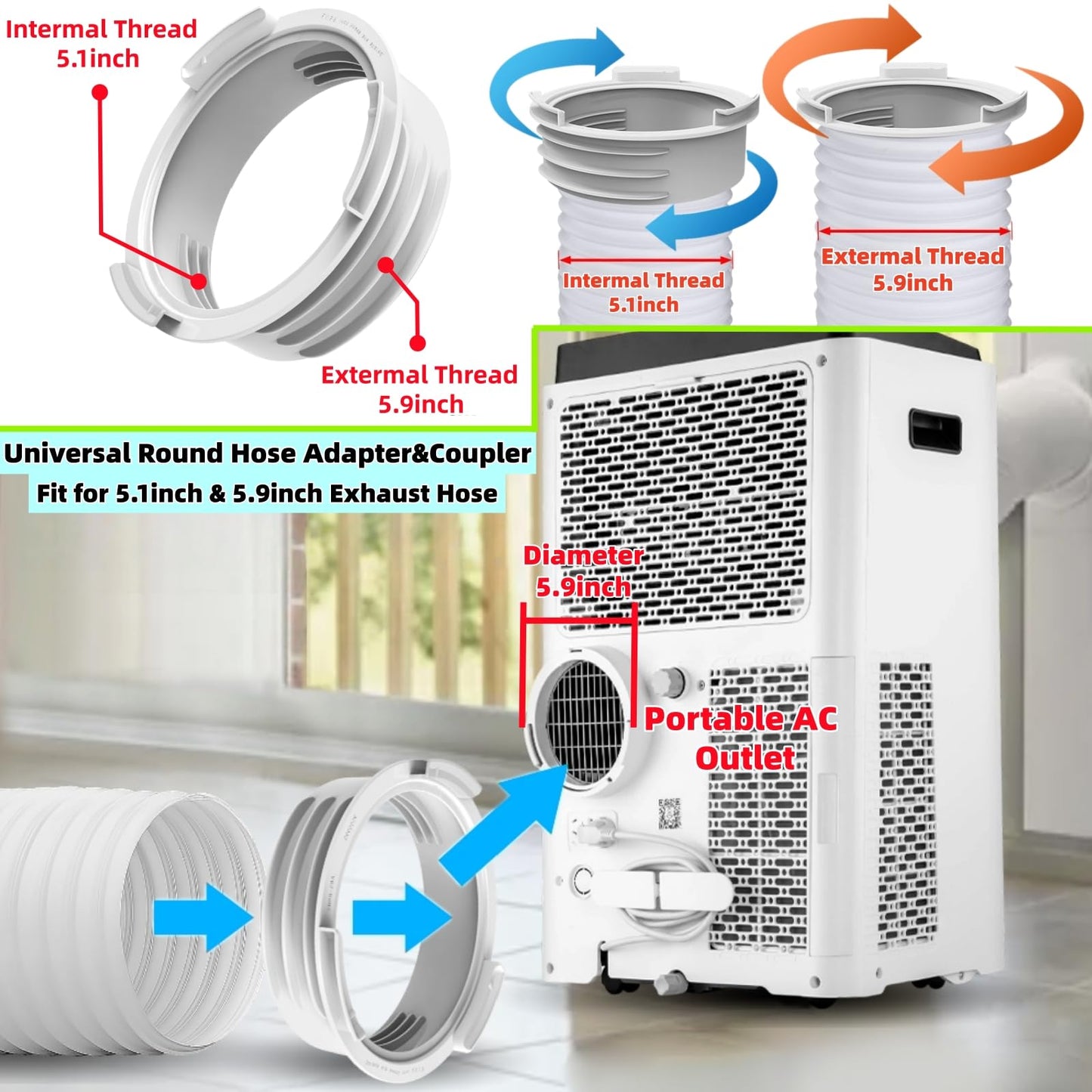 2026 New Portable Air Conditioner Window Vent Kit with Coupler & Rain Cover for 5.1"/5.9" AC Exhaust Hose, Adjustable Length 17" to 63", AC Exhaust Seal Kit for Horizontal & Vertical Sliding Windows