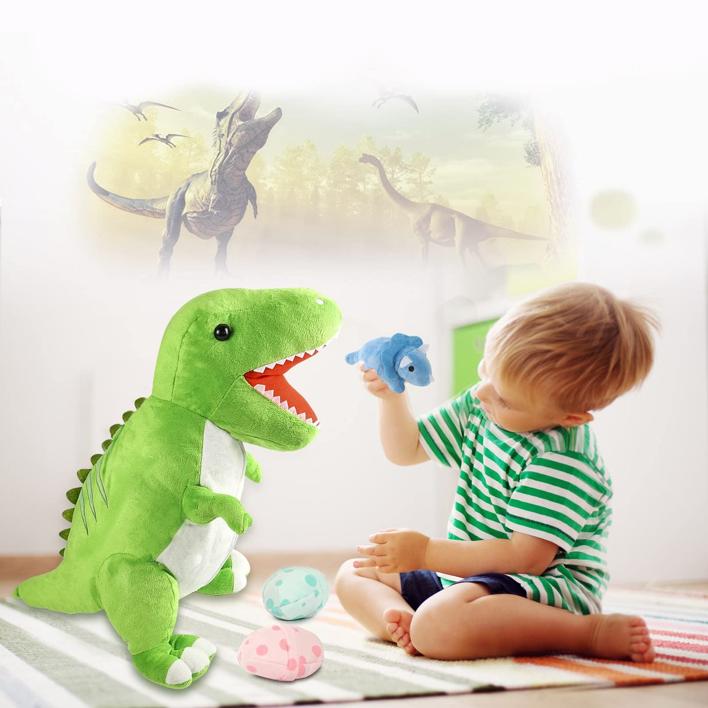 Cute Stuff Plush Dinosaur Stuffed Animal 23.6'' Mommy Stuffed Dinosaur with 3 Baby Dinosaur Plush Toys Soft Stuffed Animals Plush Gift for Children, Friends
