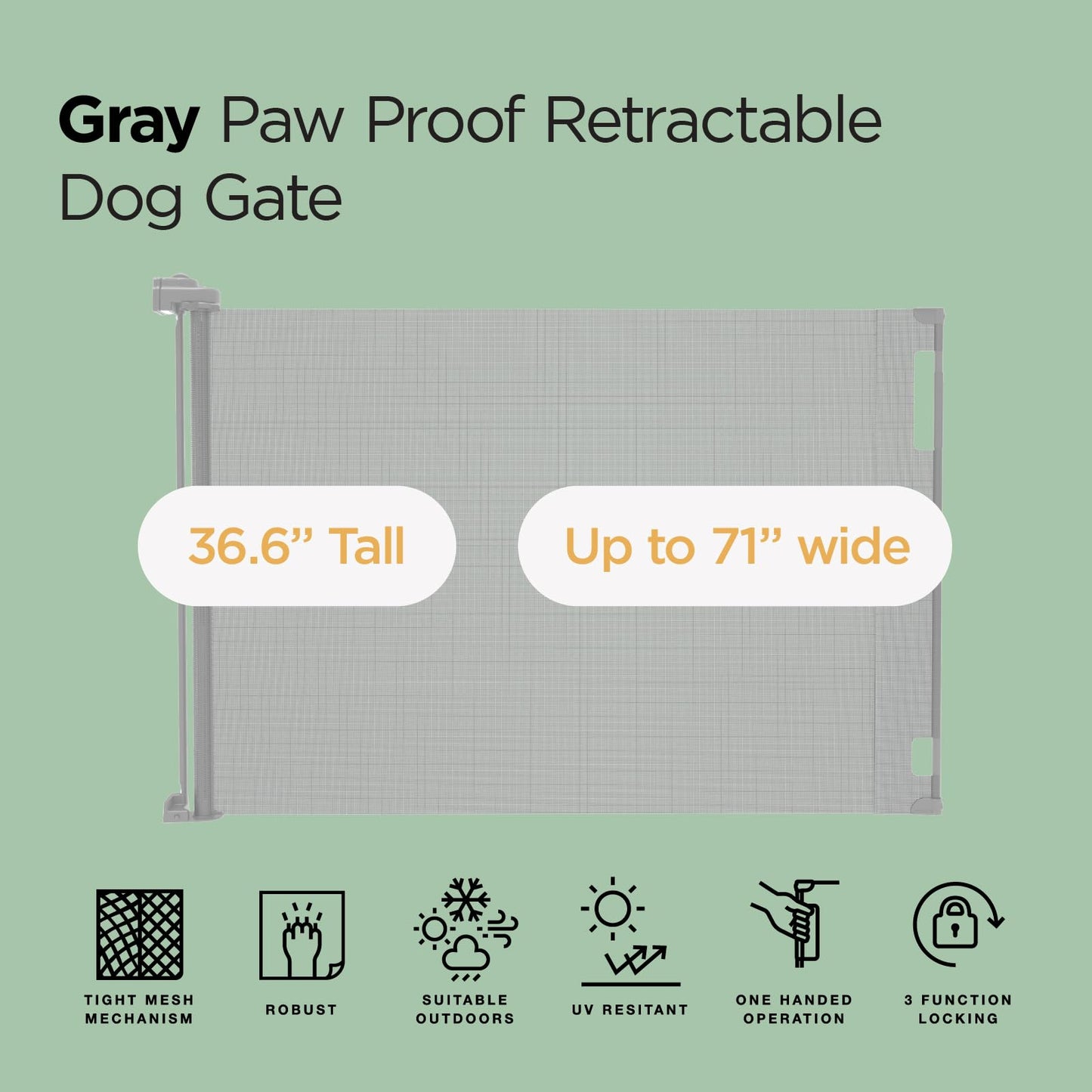 Hakuna Pets Indoor/Outdoor Paw Proof Retractable Dog Gate, 36.6" Tall Extends to 71" Wide, Gray