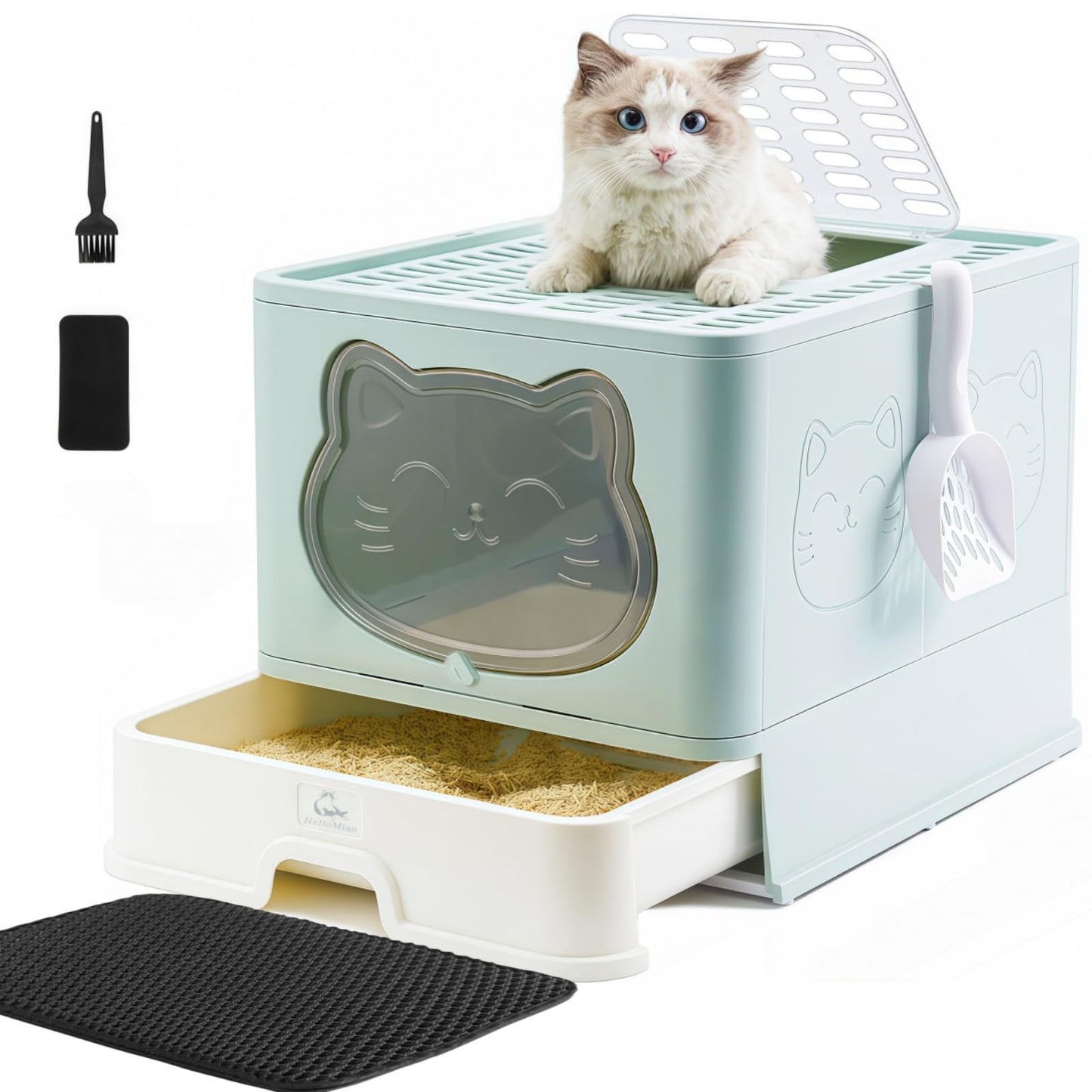 HelloMiao Fully Enclosed Cat Litter Box with Lid, Foldable Extra Large Cat Toilet, Drawer Type Cat Litter Tray with Plastic Scoop, Suitable for Cats Under 17.6Ib(8kg)