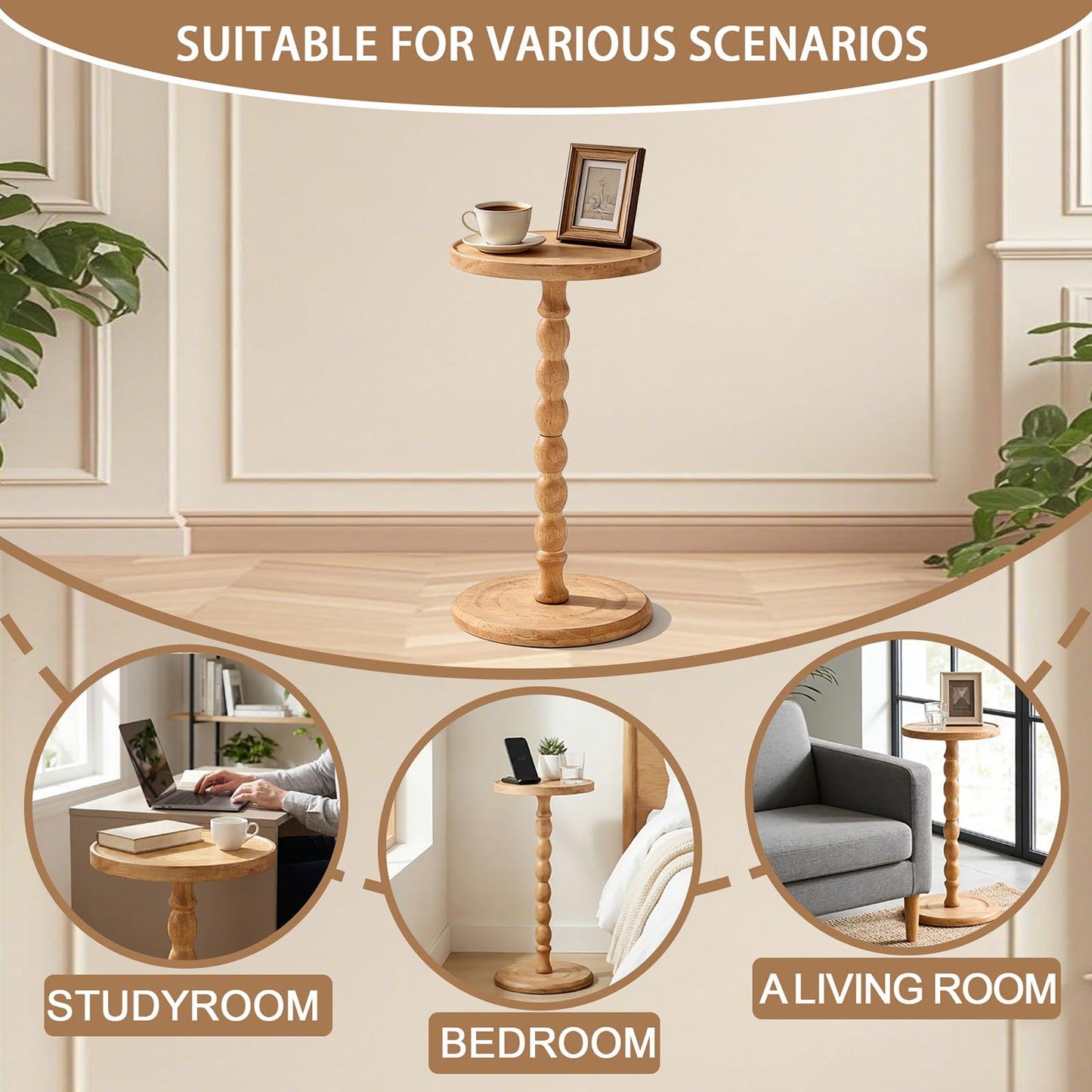 Round Side Table, Small Drink Table for Small Spaces, Modern Accent Nightstand with Solid Wood Leg for Living Room, Bedroom, Corners, and Office (Walnut)