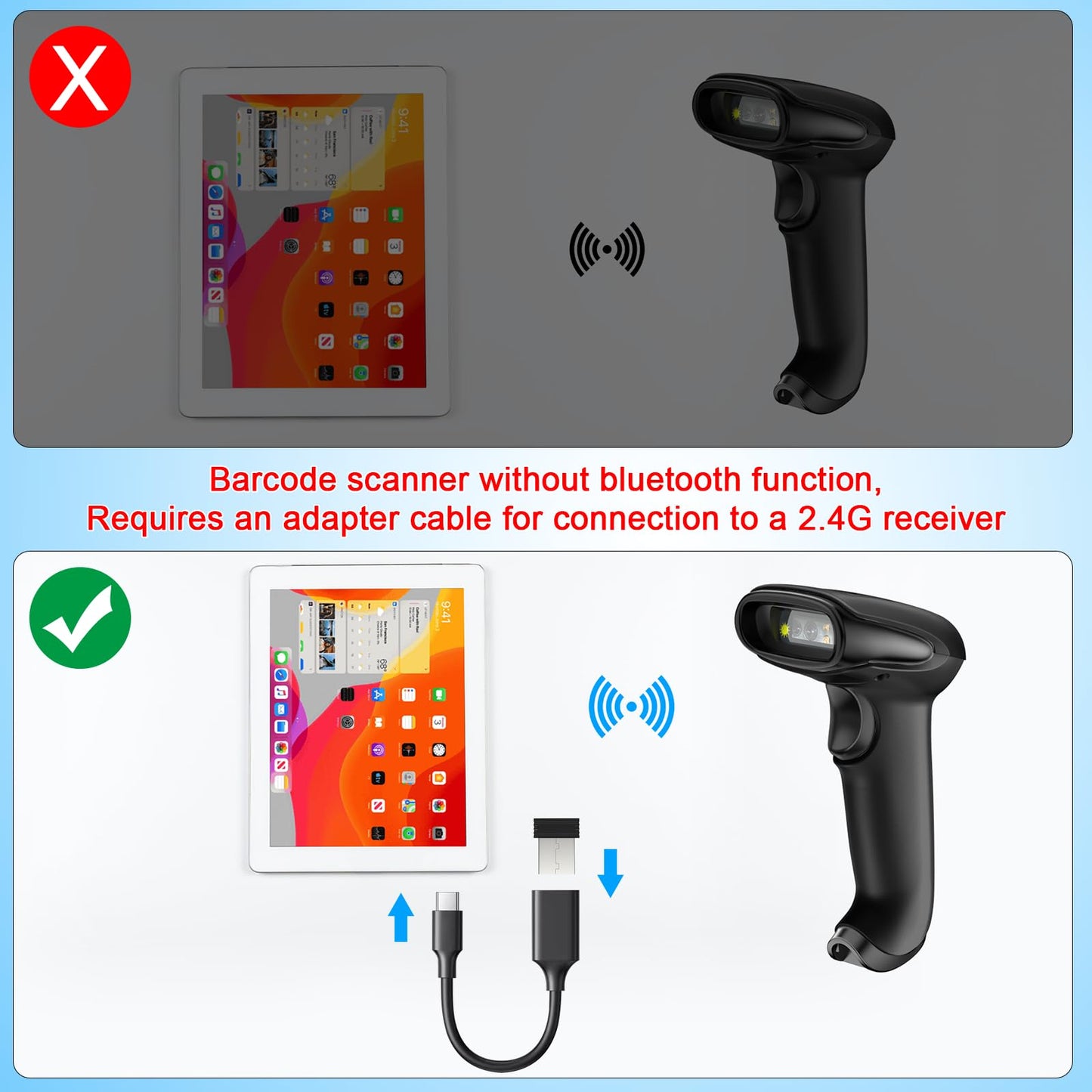 USB Wireless Barcode Scanner with Stand,Symcode Barcode Scanner Wireless Versatile 2-in-1 (2.4Ghz Wireless+USB 2.0 Wired) Rechargeable Cordless 1D Barcode Reader Handheld Bar Code Scanner Wireless