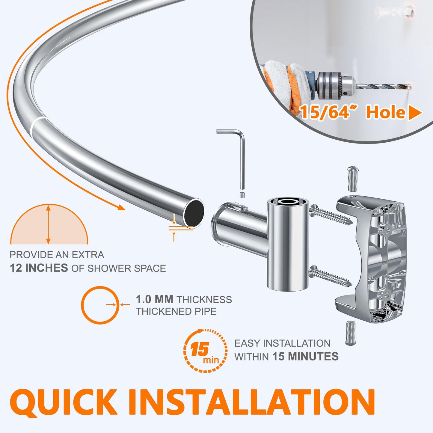 Curved Shower Curtain Rod, Adjustable 45-72 Inches Curved Shower Rod, Rustproof Shower Curtain Rod, Never Fall Telescoping Design for Bathroom, Silver, Need to Drill